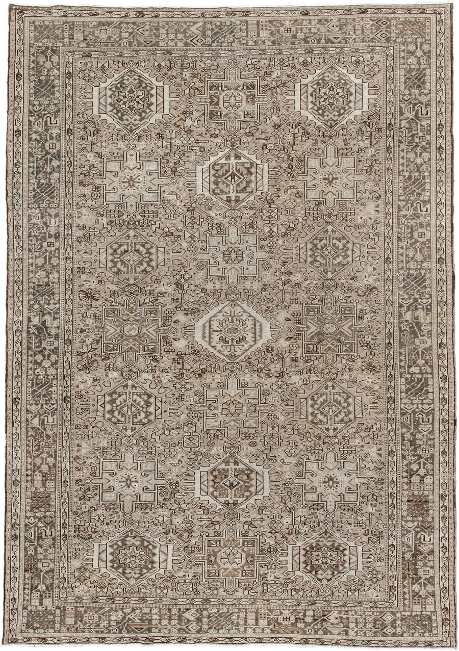 7' x 10' one-of-a-kind handmade vintage Karaje large size rug. Color palette: taupe, ivory, brown, rose, camel, charcoal