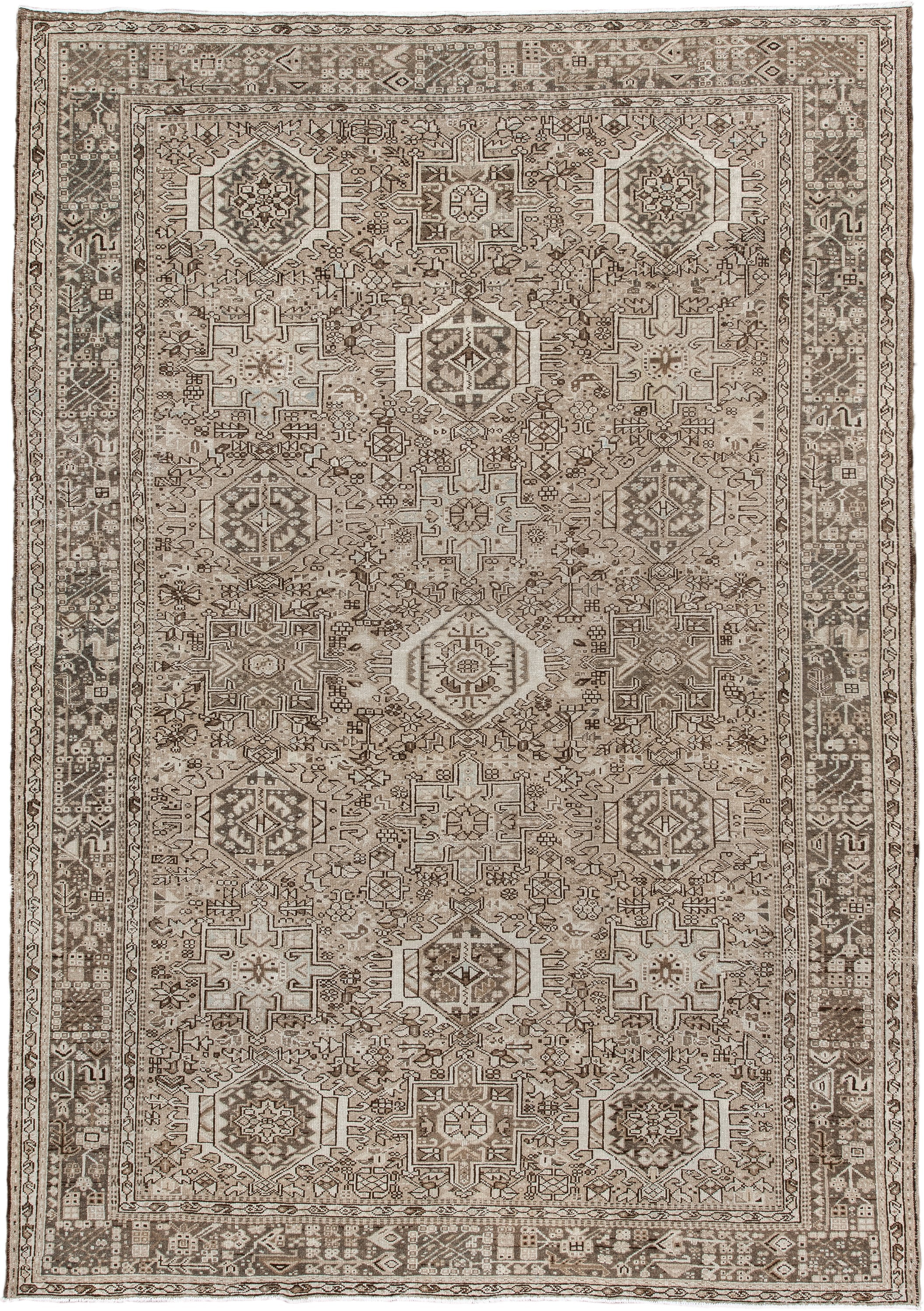 7' x 10' one-of-a-kind handmade vintage Karaje large size rug. Color palette: taupe, ivory, brown, rose, camel, charcoal