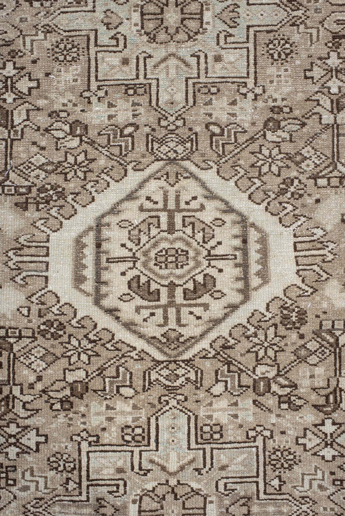 7' x 10' one-of-a-kind handmade vintage Karaje large size rug. Color palette: taupe, ivory, brown, rose, camel, charcoal