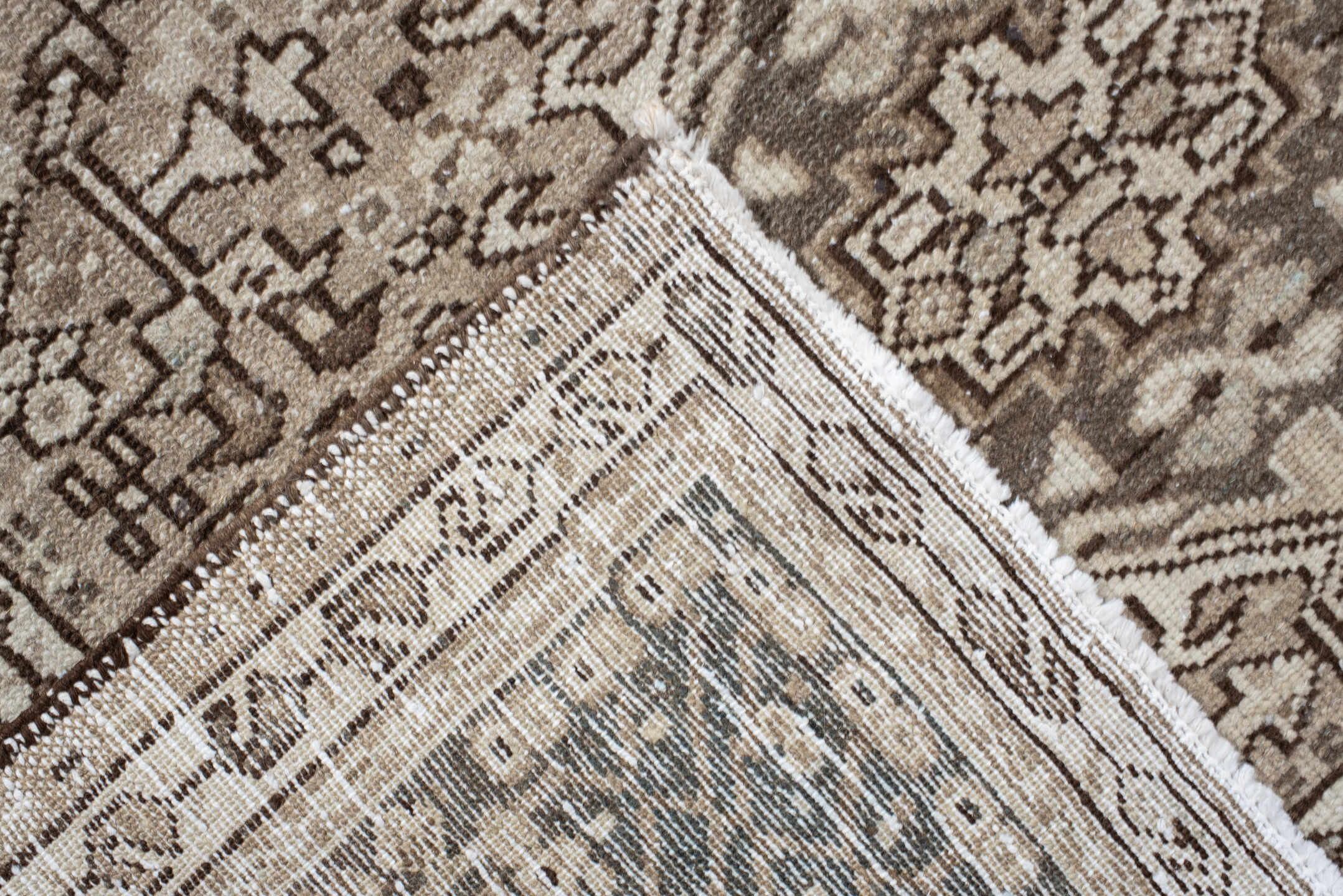7' x 10' one-of-a-kind handmade vintage Karaje large size rug. Color palette: taupe, ivory, brown, rose, camel, charcoal