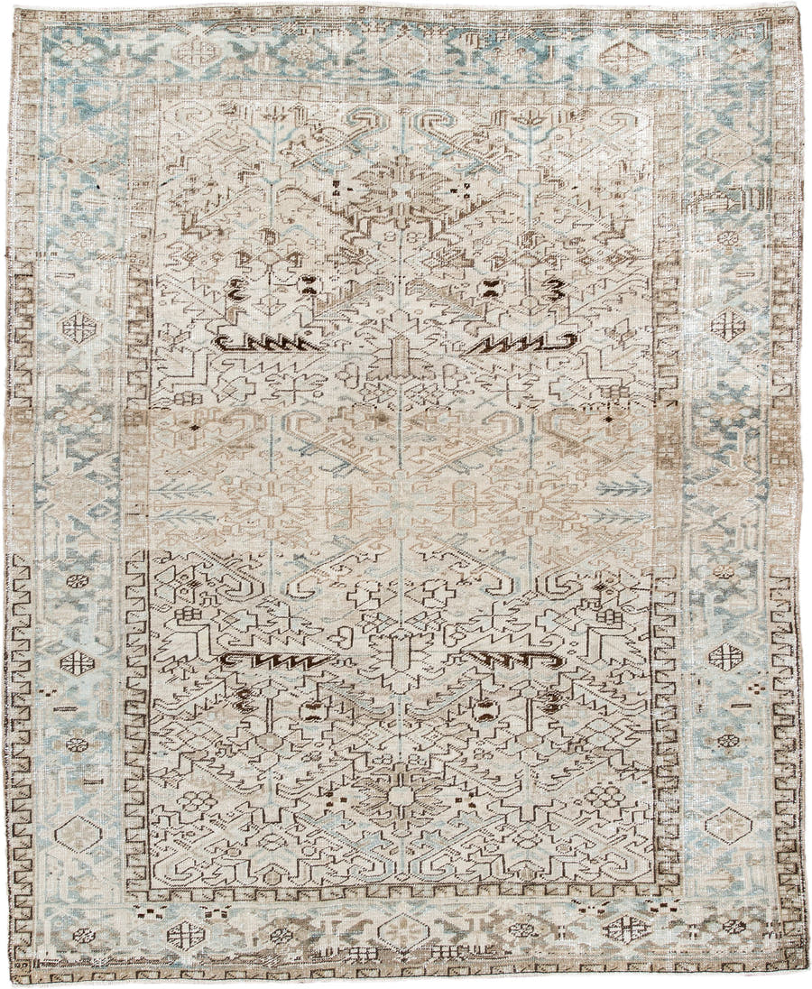 7' x 8' one-of-a-kind handmade antique Heriz rug. Color palette: ivory, pale blue, taupe, brown, cream, light blue, beige