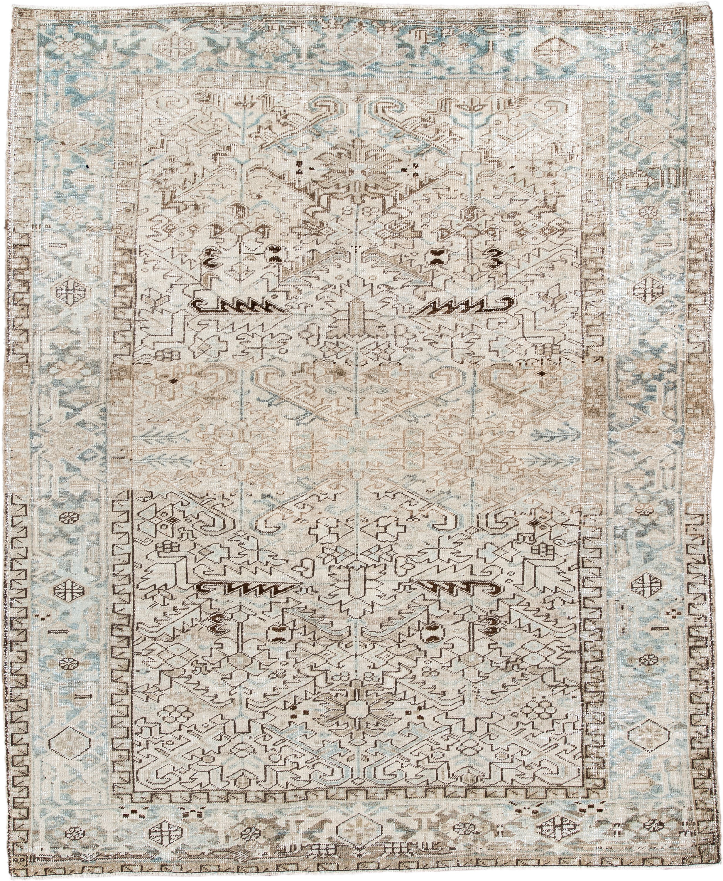 7' x 8' one-of-a-kind handmade antique Heriz rug. Color palette: ivory, pale blue, taupe, brown, cream, light blue, beige
