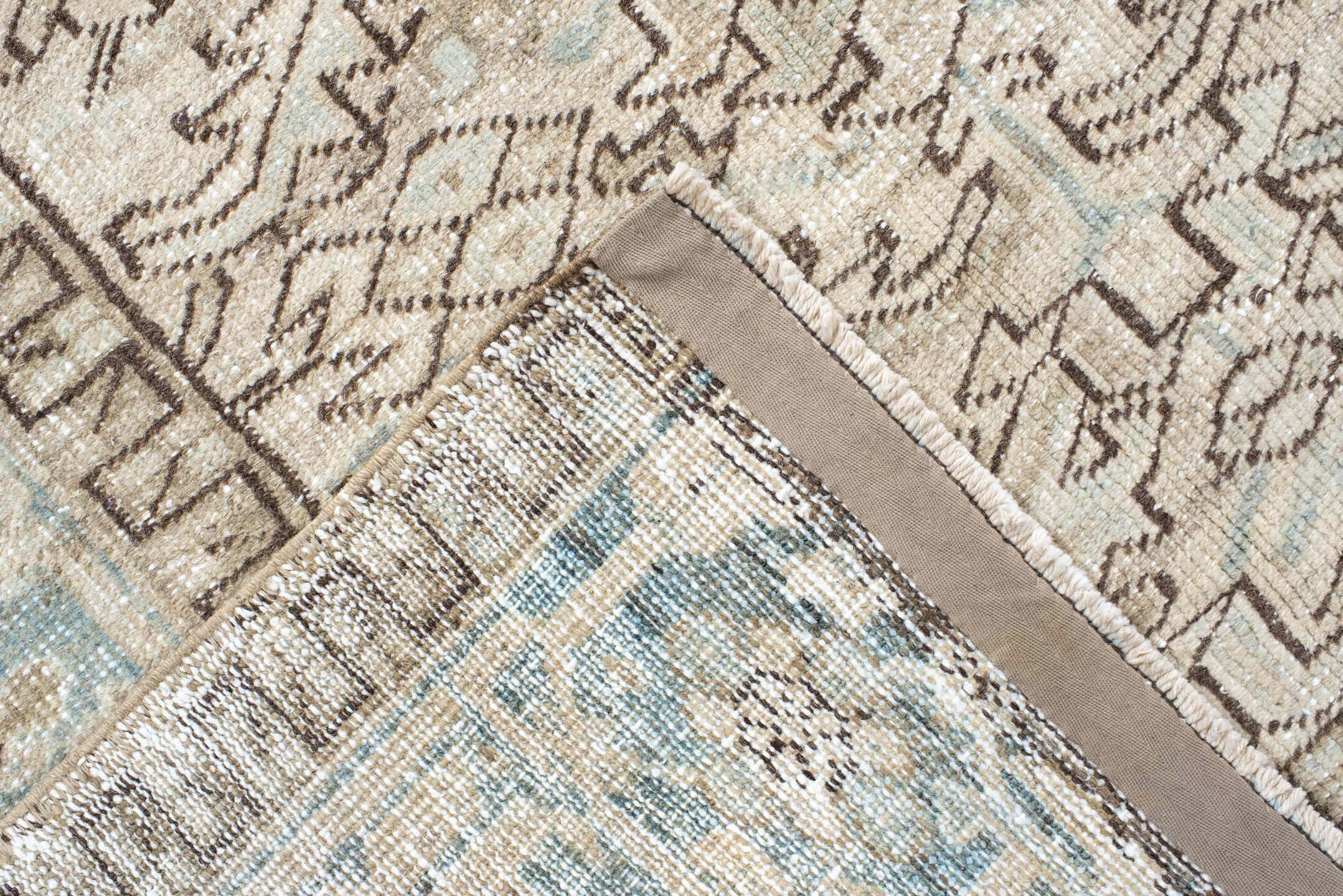 7' x 8' one-of-a-kind handmade antique Heriz rug. Color palette: ivory, pale blue, taupe, brown, cream, light blue, beige