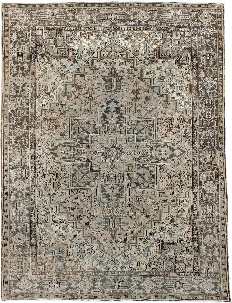 8' x 10' one-of-a-kind handmade antique Heriz large size rug. Color palette: ivory, taupe, charcoal, brown, slate, camel