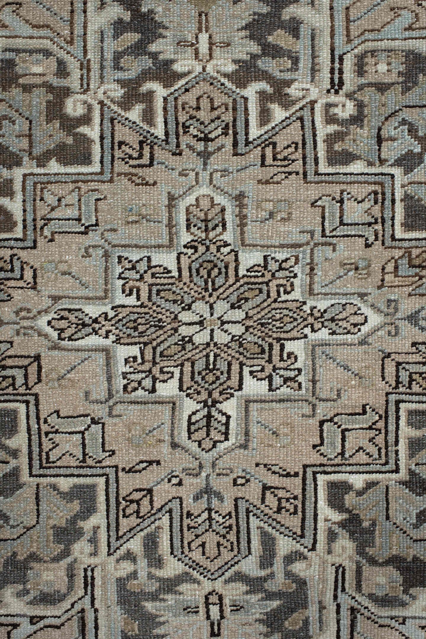 8' x 10' one-of-a-kind handmade antique Heriz large size rug. Color palette: ivory, taupe, charcoal, brown, slate, camel