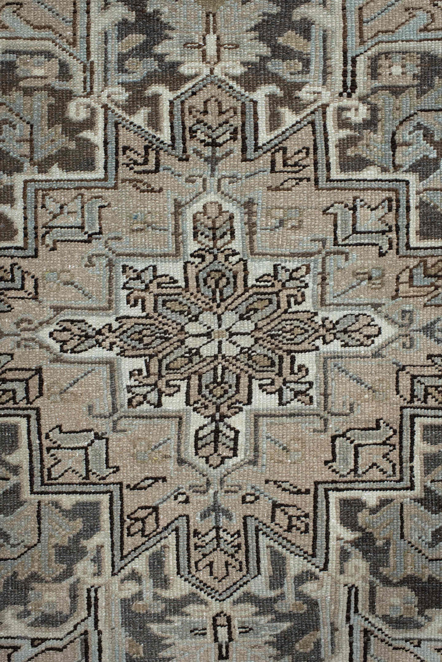 8' x 10' one-of-a-kind handmade antique Heriz large size rug. Color palette: ivory, taupe, charcoal, brown, slate, camel