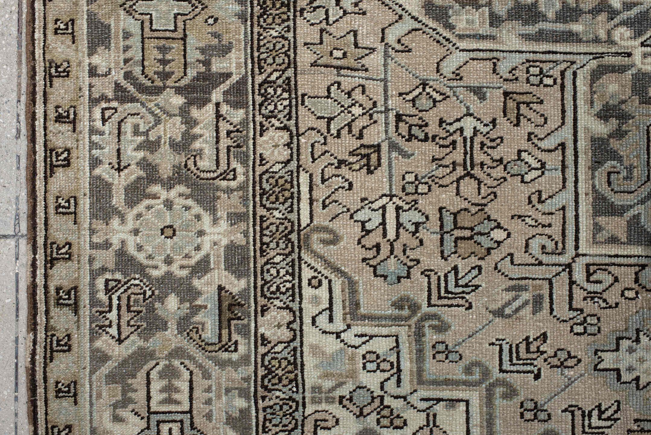 8' x 10' one-of-a-kind handmade antique Heriz large size rug. Color palette: ivory, taupe, charcoal, brown, slate, camel