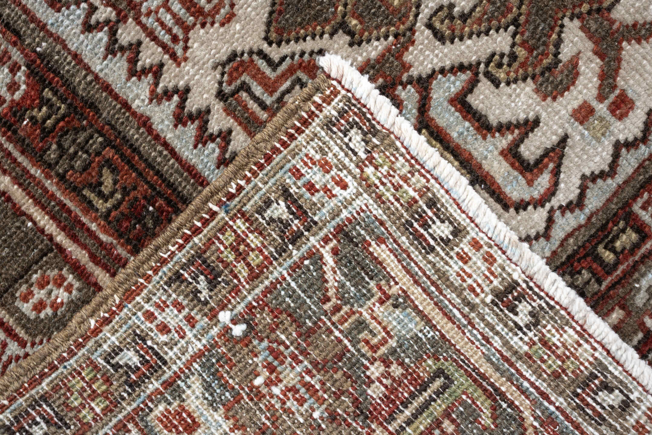 8' x 10' one-of-a-kind handmade vintage Heriz large size rug. Color palette: ivory, taupe, rust, charcoal, terra cotta