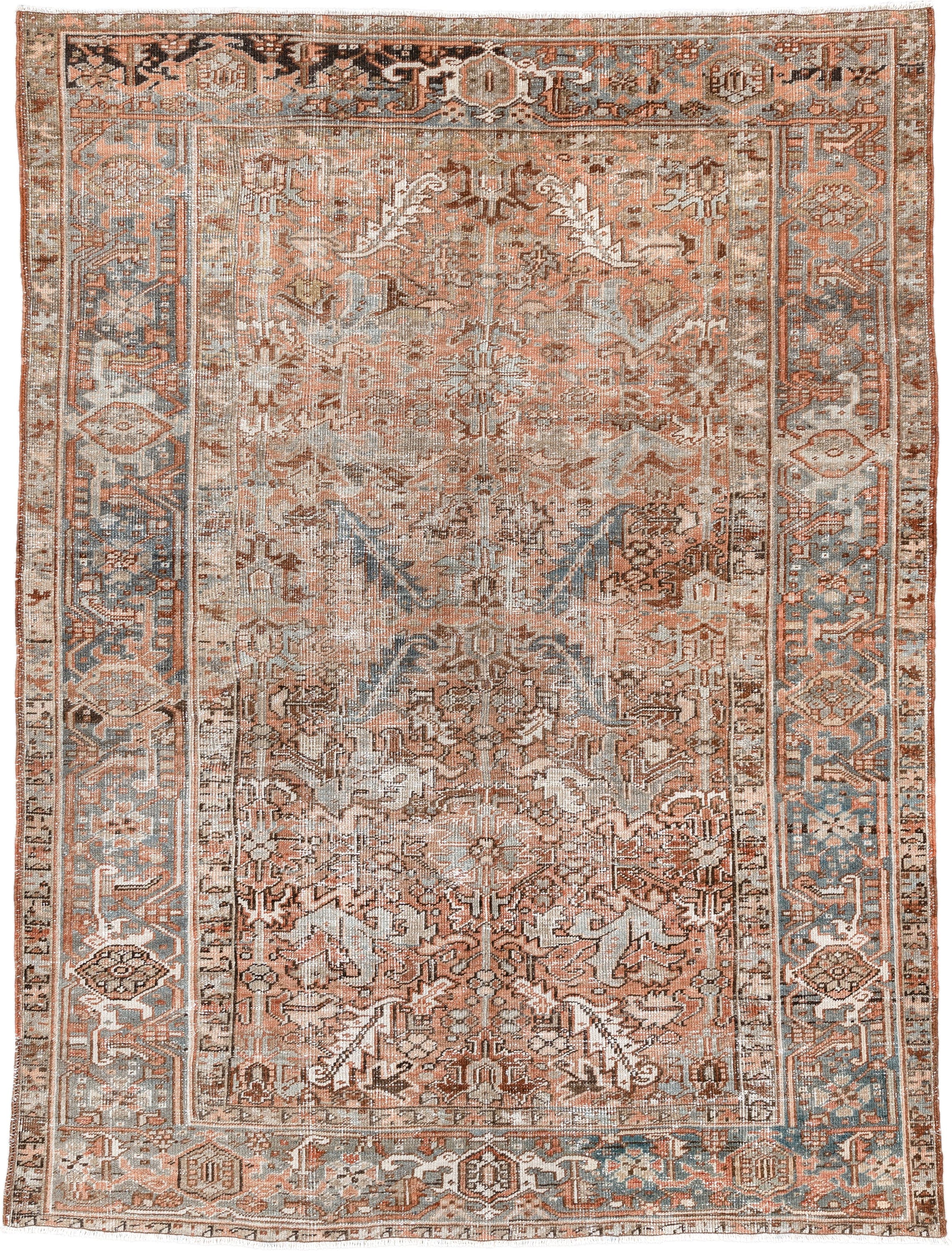 6' x 8' one-of-a-kind handmade antique Heriz medium size rug. Color palette: terra cotta, ivory, soft blue, taupe, rust