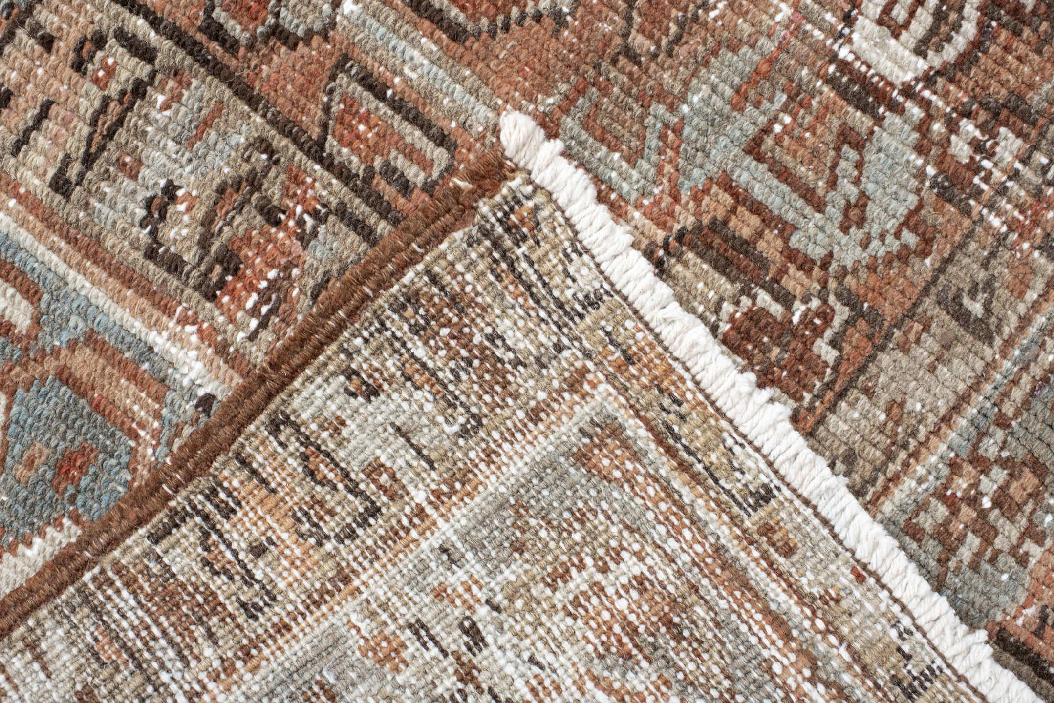 6' x 8' one-of-a-kind handmade antique Heriz medium size rug. Color palette: terra cotta, ivory, soft blue, taupe, rust