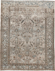 7' x 9' one-of-a-kind handmade vintage Heriz rug. Color palette: taupe, brown, ivory, pale blue, camel, charcoal, beige