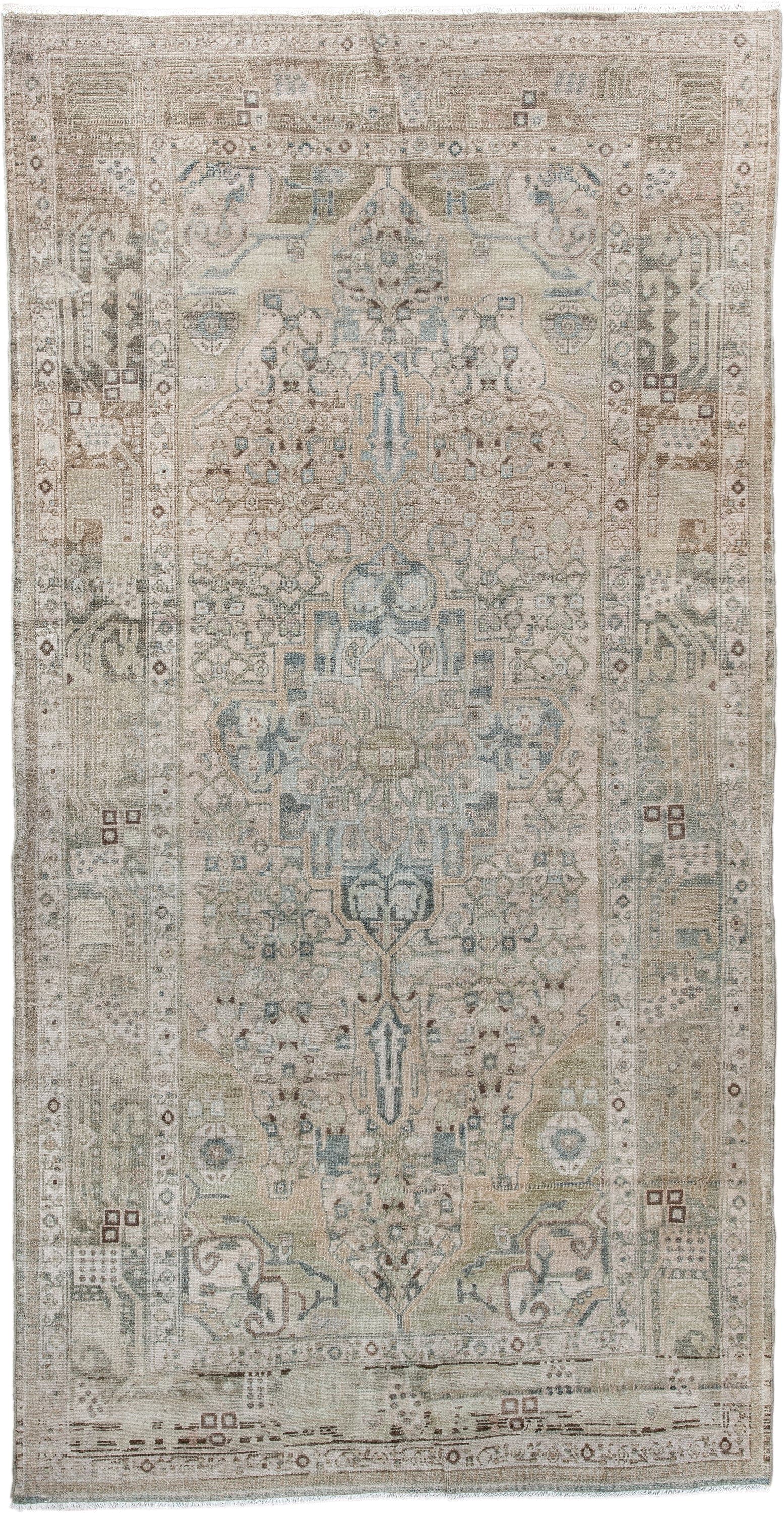 5' x 9' one-of-a-kind handmade antique Malayer medium size rug. Color palette: ivory, taupe, pale blue, beige, camel