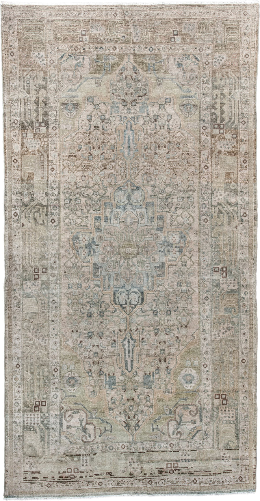 5' x 9' one-of-a-kind handmade antique Malayer medium size rug. Color palette: ivory, taupe, pale blue, beige, camel