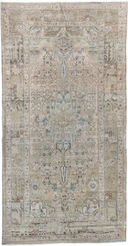 5' x 9' one-of-a-kind handmade antique Malayer medium size rug. Color palette: ivory, taupe, pale blue, beige, camel