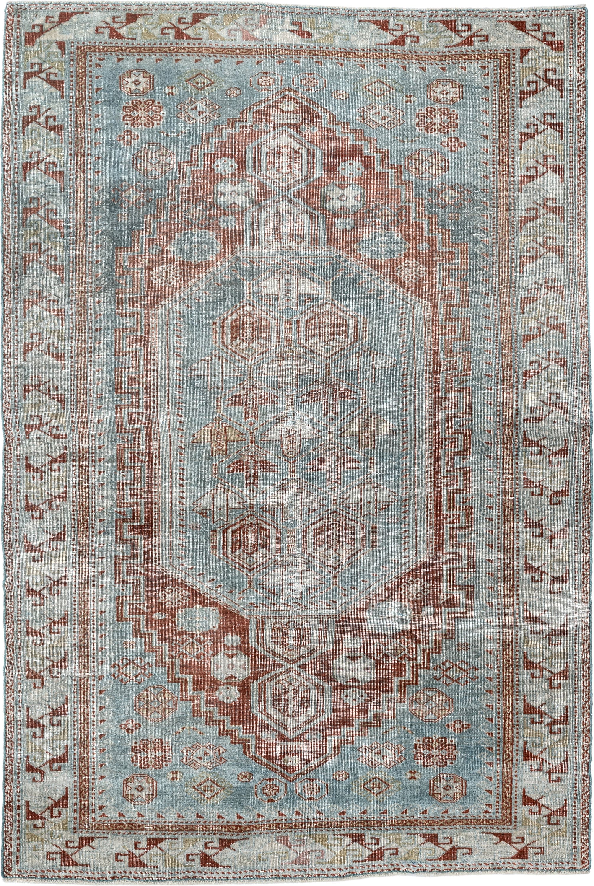 3' x 4' one-of-a-kind handmade antique Shirvan small size rug. Color palette: pale blue, rust, ivory, sage, taupe
