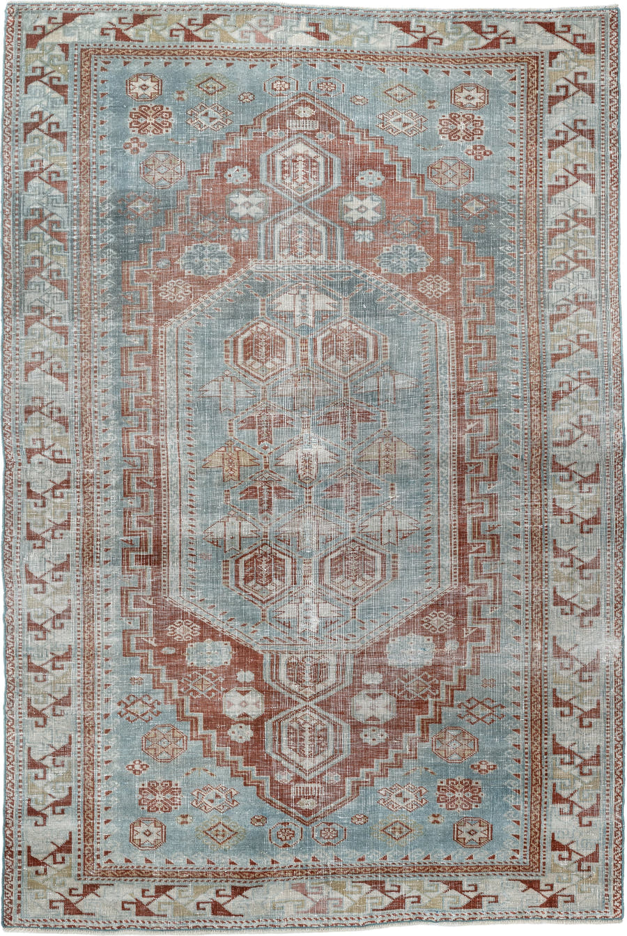 3' x 4' one-of-a-kind handmade antique Shirvan small size rug. Color palette: pale blue, rust, ivory, sage, taupe