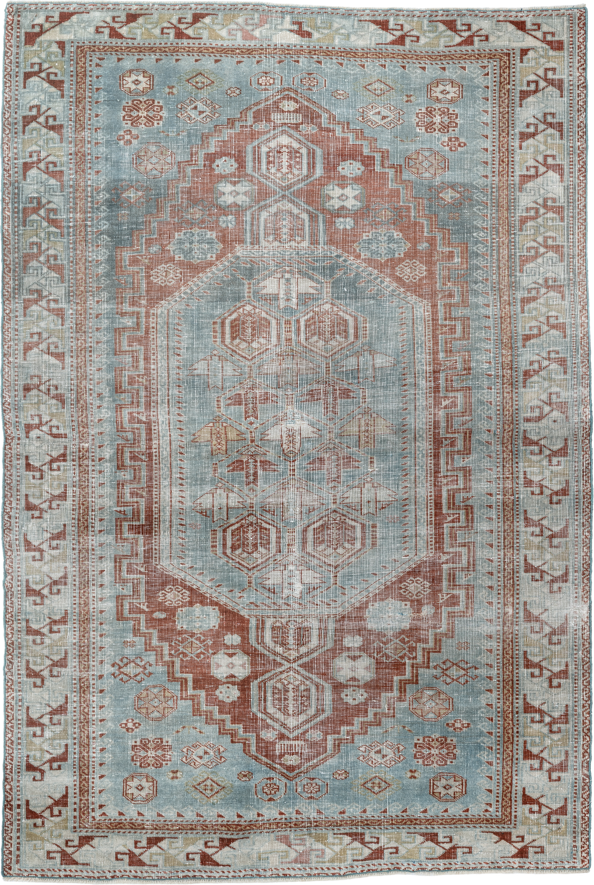 3' x 4' one-of-a-kind handmade antique Shirvan small size rug. Color palette: pale blue, rust, ivory, sage, taupe
