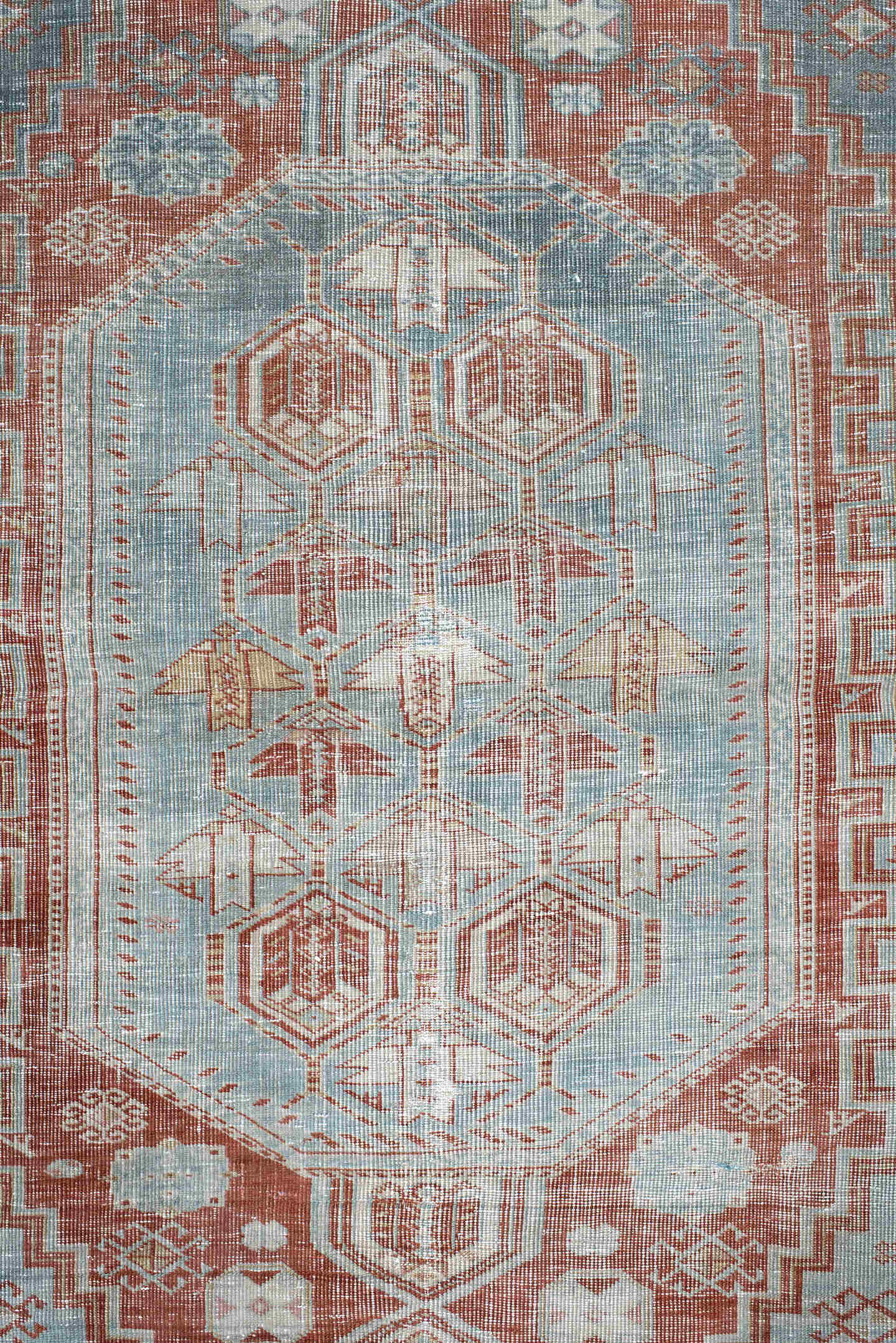 3' x 4' one-of-a-kind handmade antique Shirvan small size rug. Color palette: pale blue, rust, ivory, sage, taupe