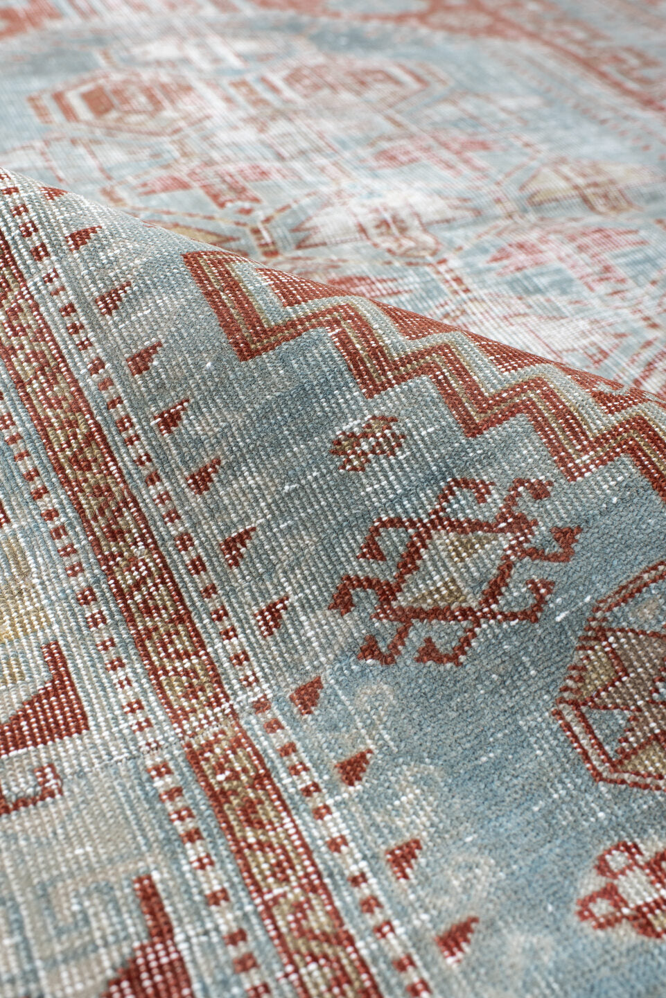 3' x 4' one-of-a-kind handmade antique Shirvan small size rug. Color palette: pale blue, rust, ivory, sage, taupe