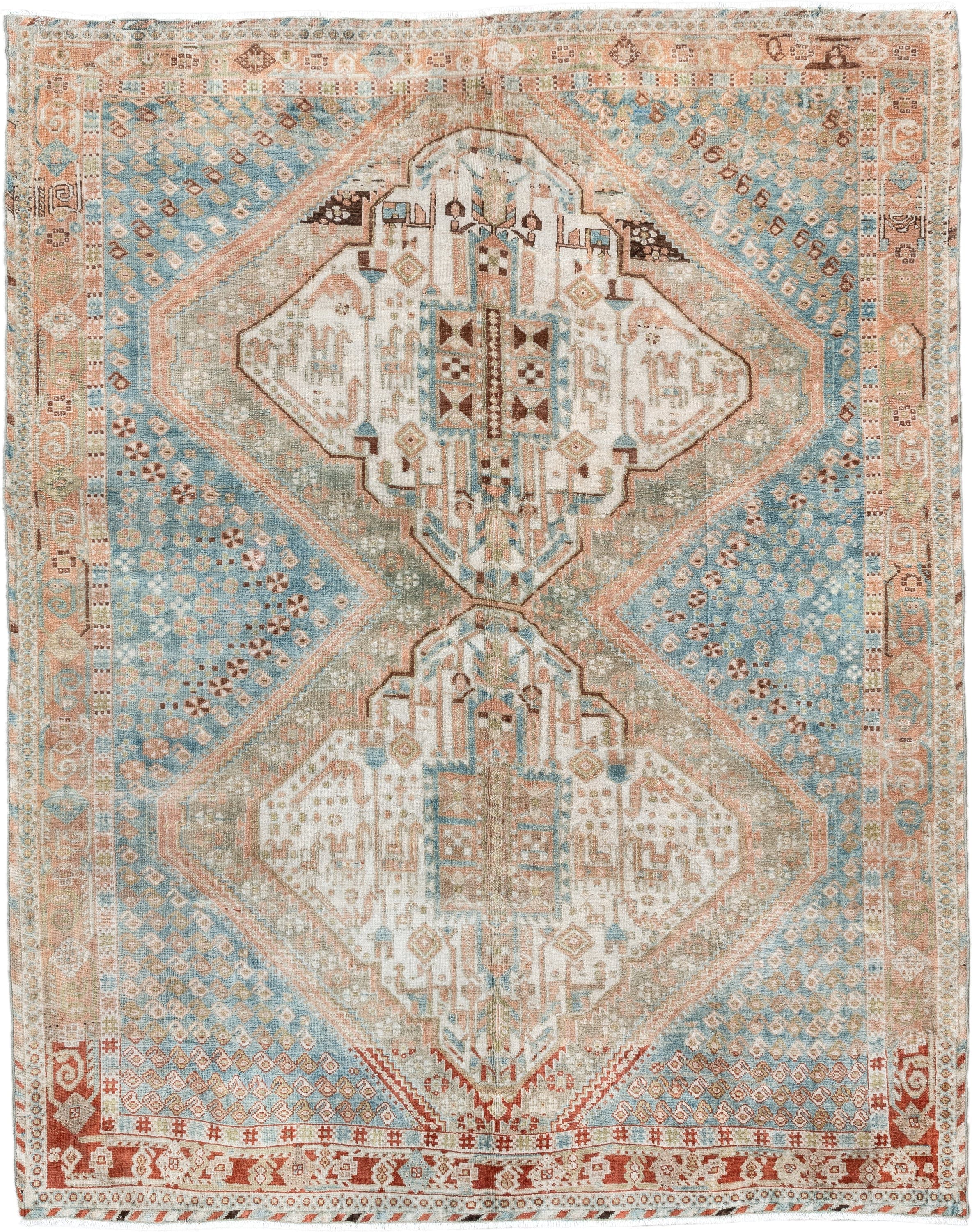 5' x 6' one-of-a-kind handmade antique Afshar rug. Color palette: sky blue, ivory, rust, blush, taupe, camel, brown