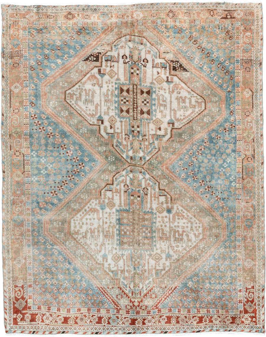 5' x 6' one-of-a-kind handmade antique Afshar rug. Color palette: sky blue, ivory, rust, blush, taupe, camel, brown