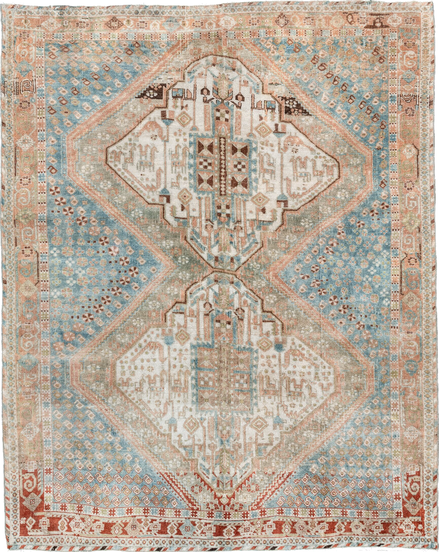 5' x 6' one-of-a-kind handmade vintage Afshar rug. Color palette: brown, gray, light gray, off-white, orange, pink