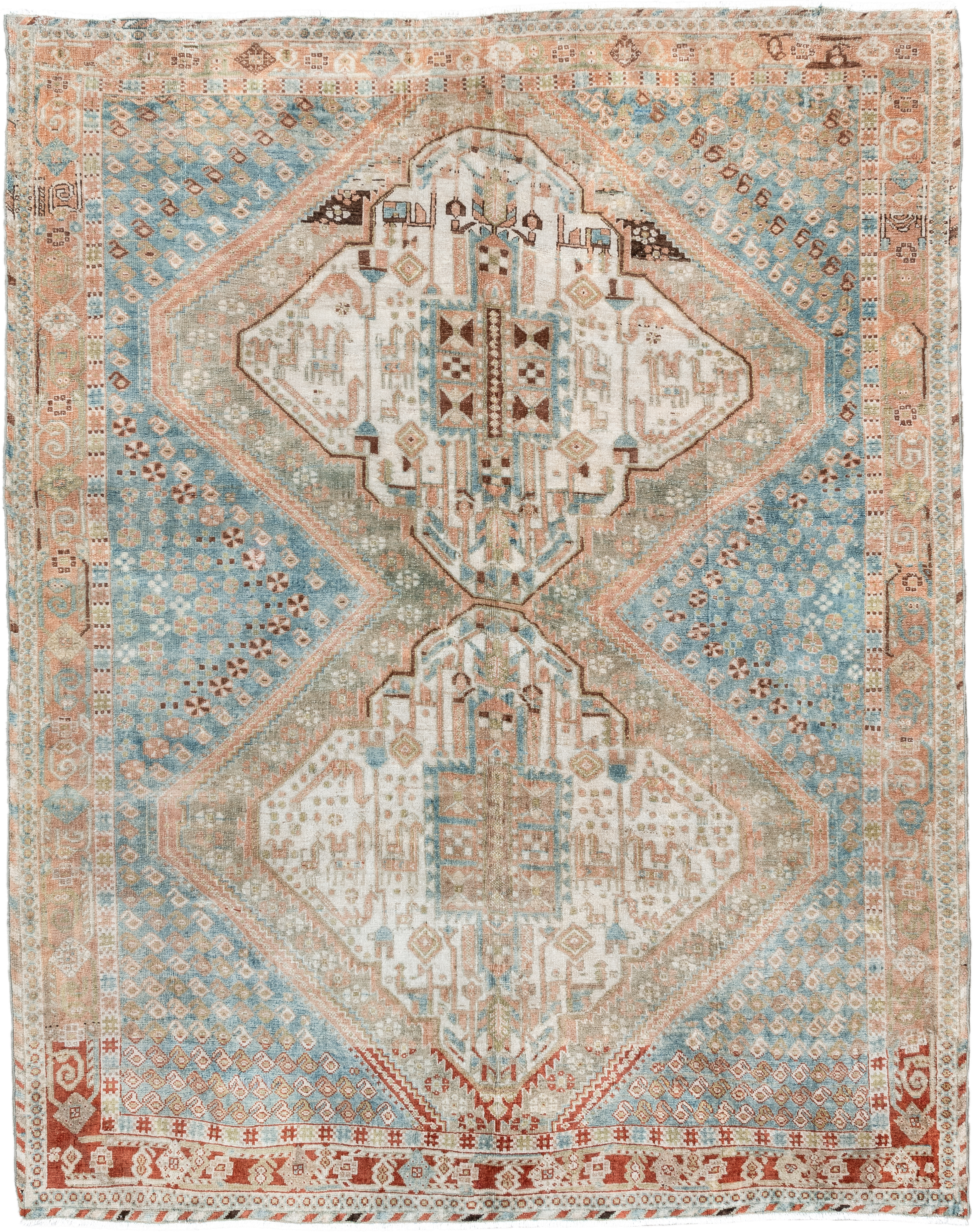 5' x 6' one-of-a-kind handmade antique Afshar rug. Color palette: sky blue, ivory, rust, blush, taupe, camel, brown