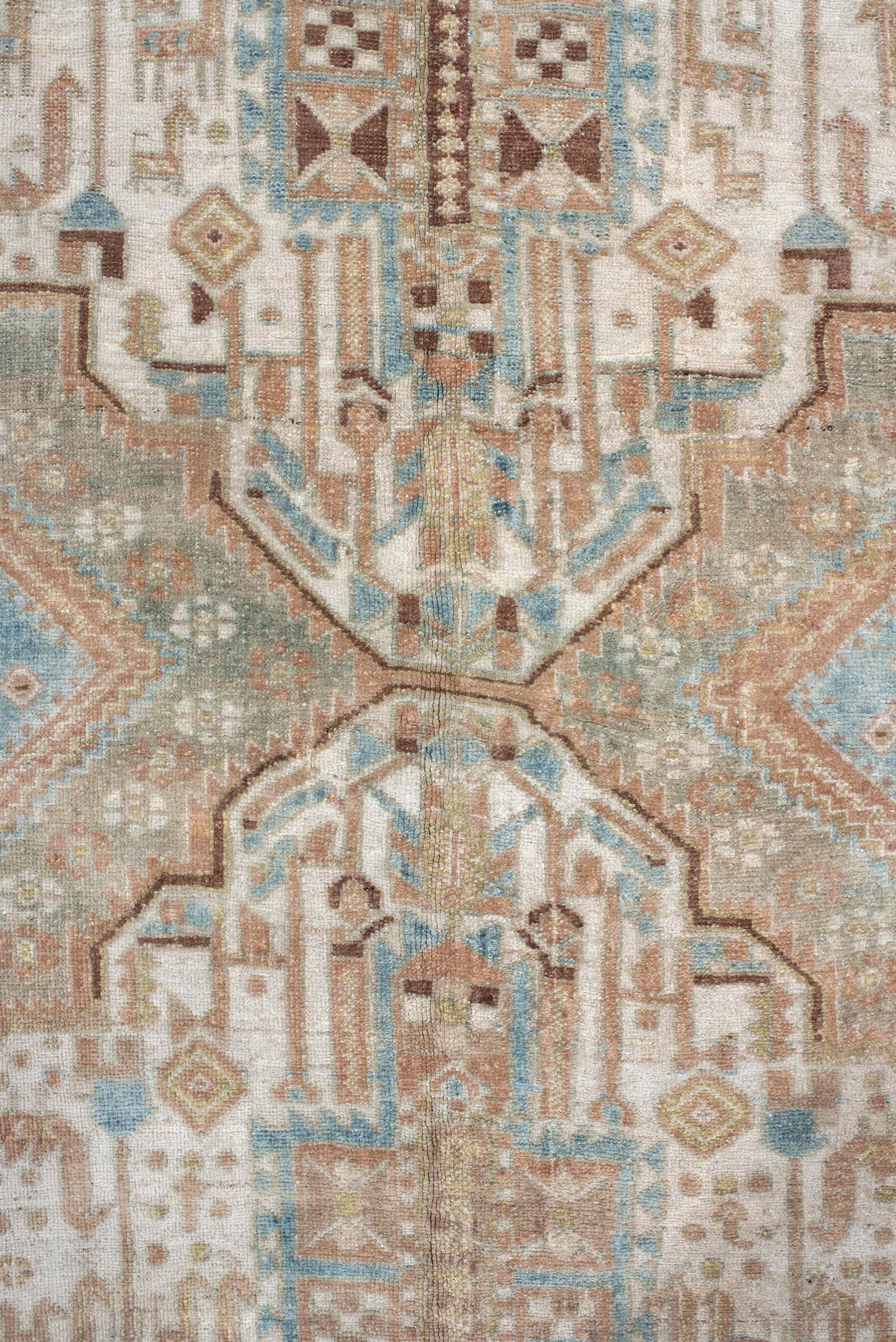 5' x 6' one-of-a-kind handmade antique Afshar rug. Color palette: sky blue, ivory, rust, blush, taupe, camel, brown