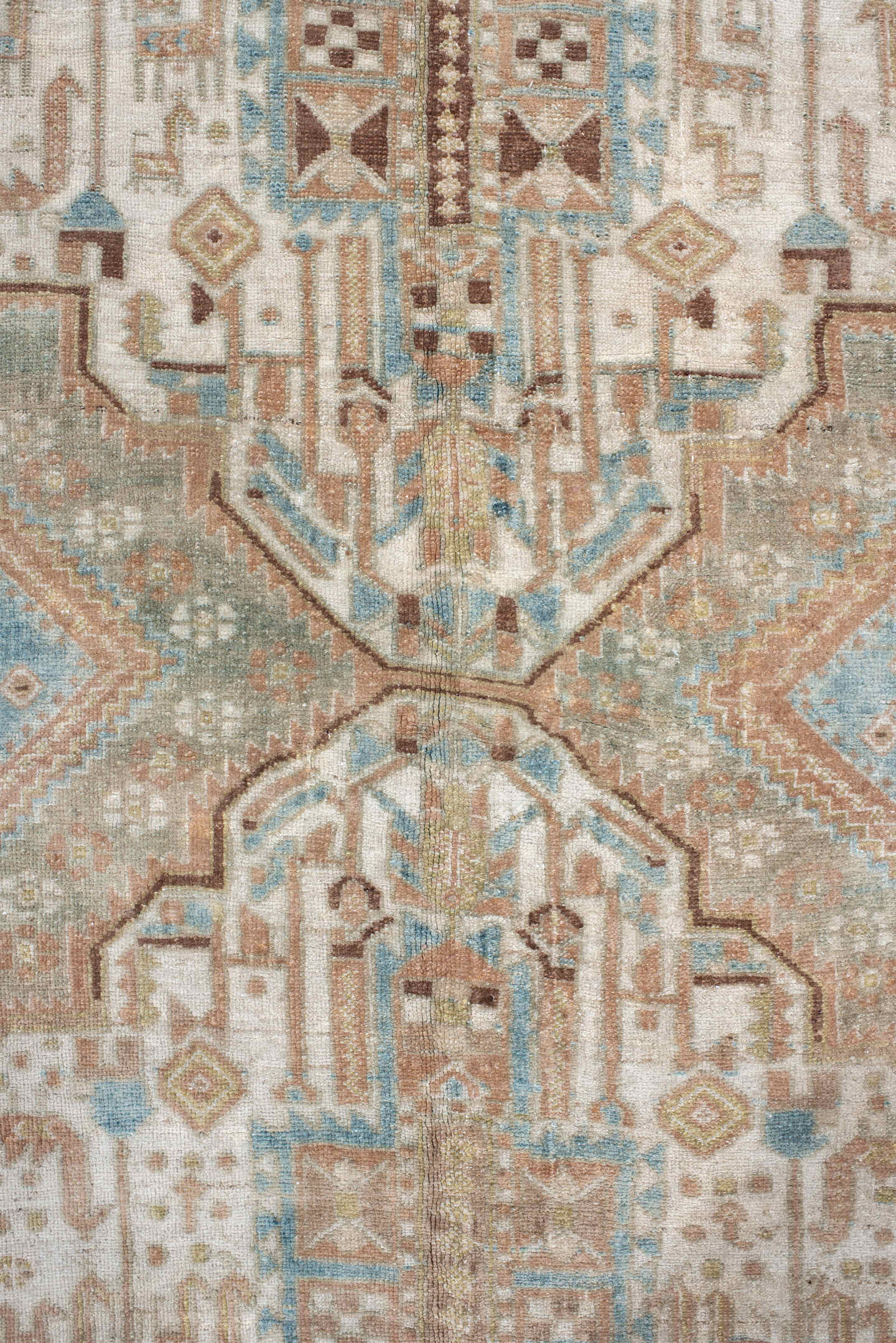 5' x 6' one-of-a-kind handmade antique Afshar rug. Color palette: sky blue, ivory, rust, blush, taupe, camel, brown