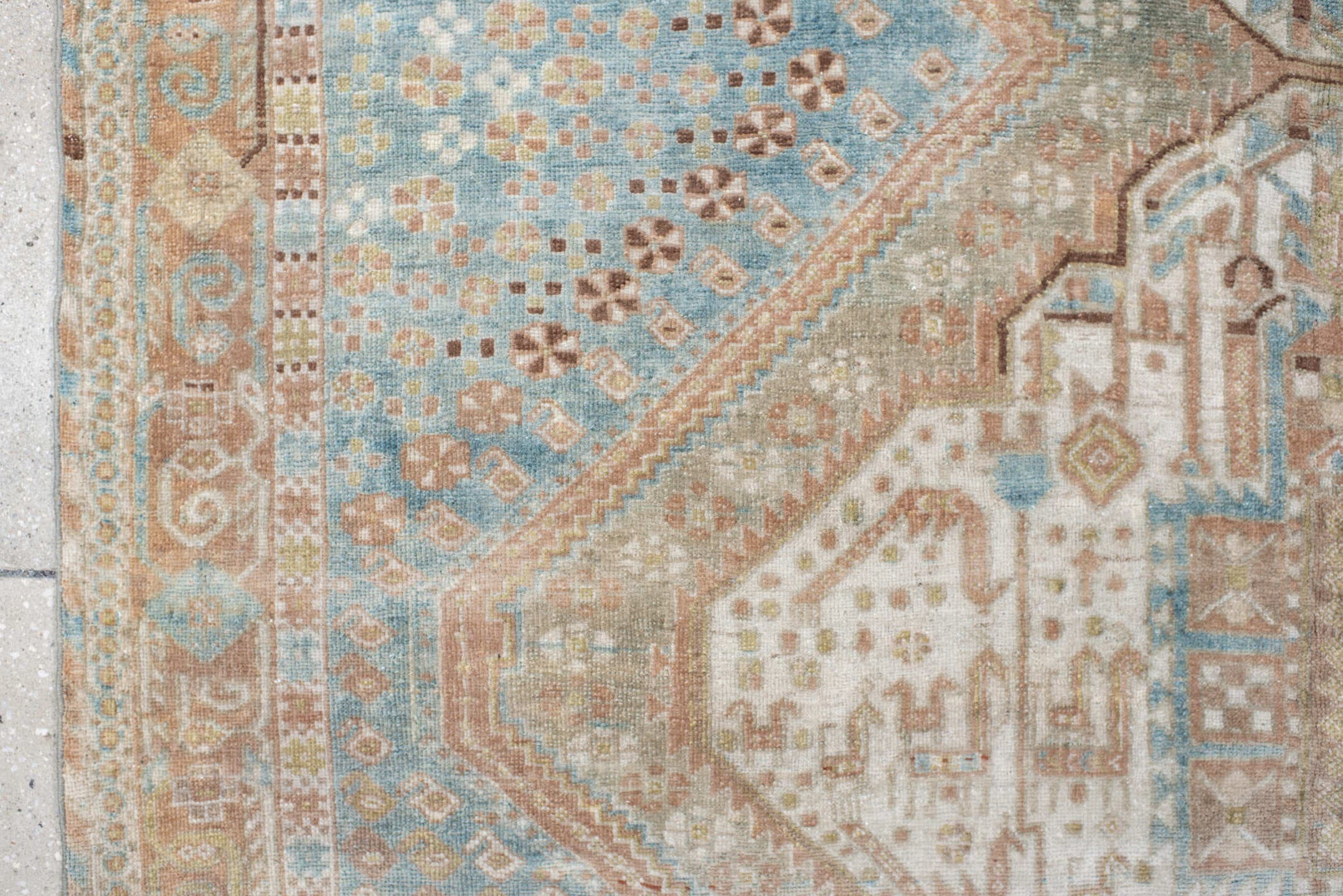 5' x 6' one-of-a-kind handmade antique Afshar rug. Color palette: sky blue, ivory, rust, blush, taupe, camel, brown