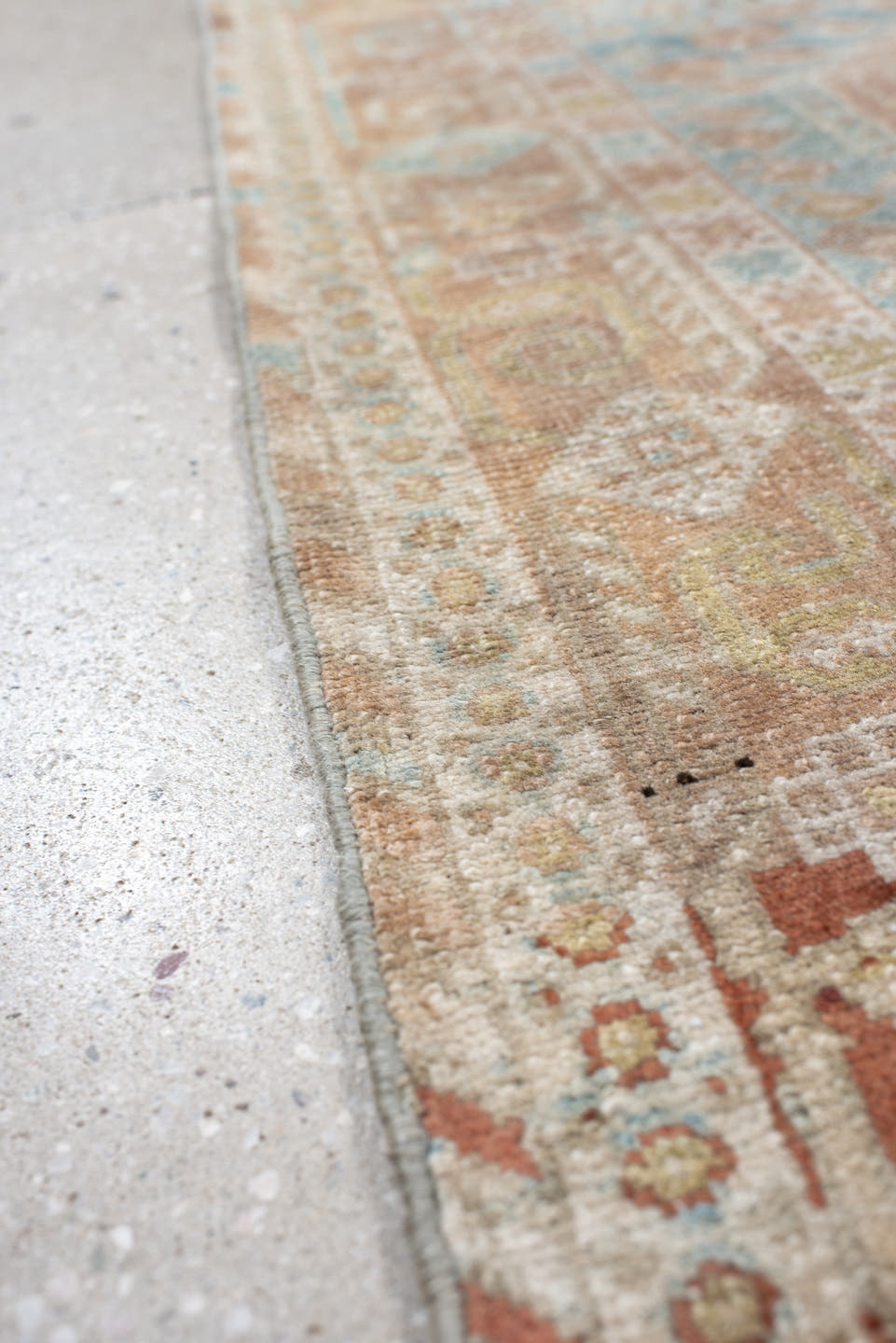 5' x 6' one-of-a-kind handmade antique Afshar rug. Color palette: sky blue, ivory, rust, blush, taupe, camel, brown