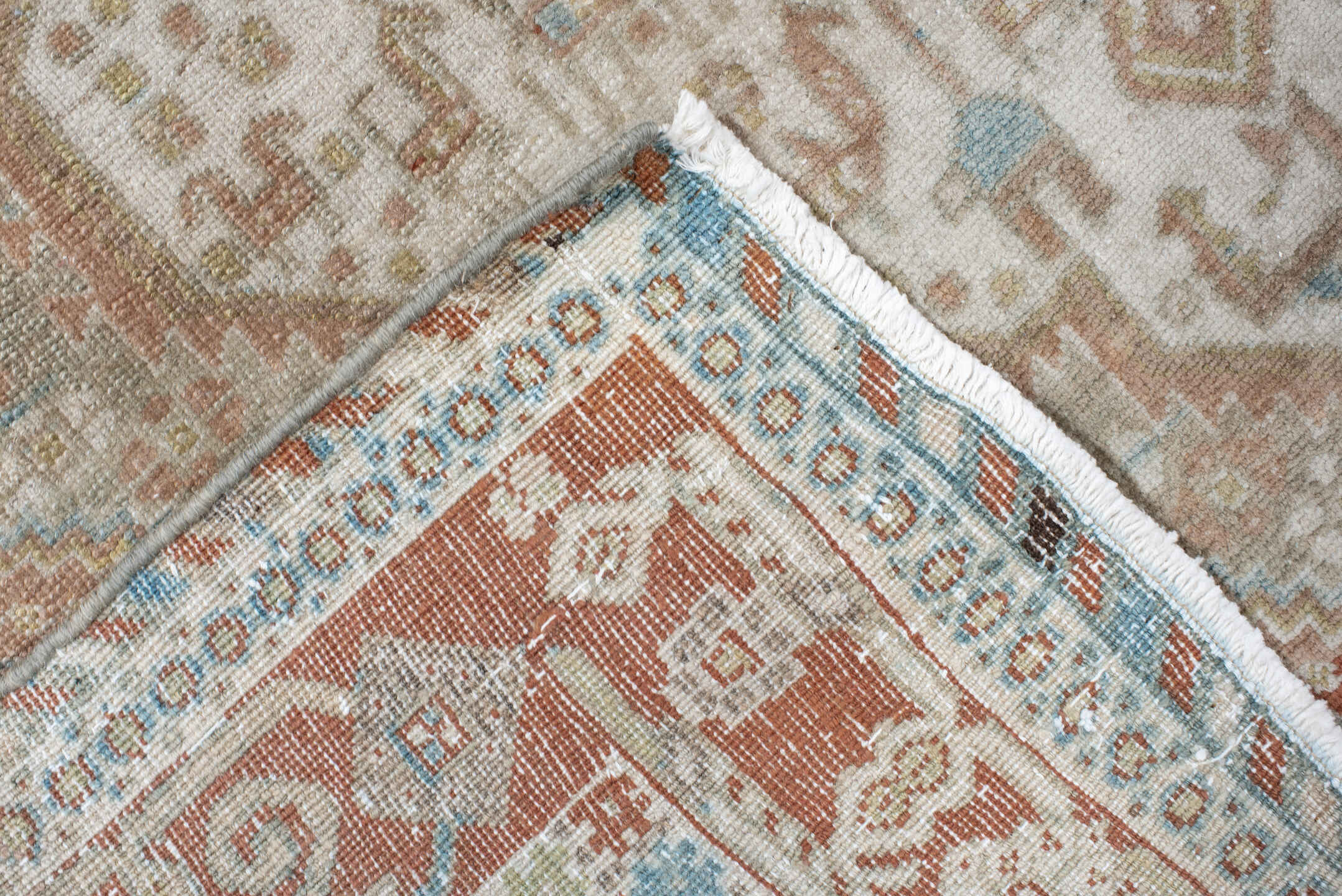 5' x 6' one-of-a-kind handmade antique Afshar rug. Color palette: sky blue, ivory, rust, blush, taupe, camel, brown