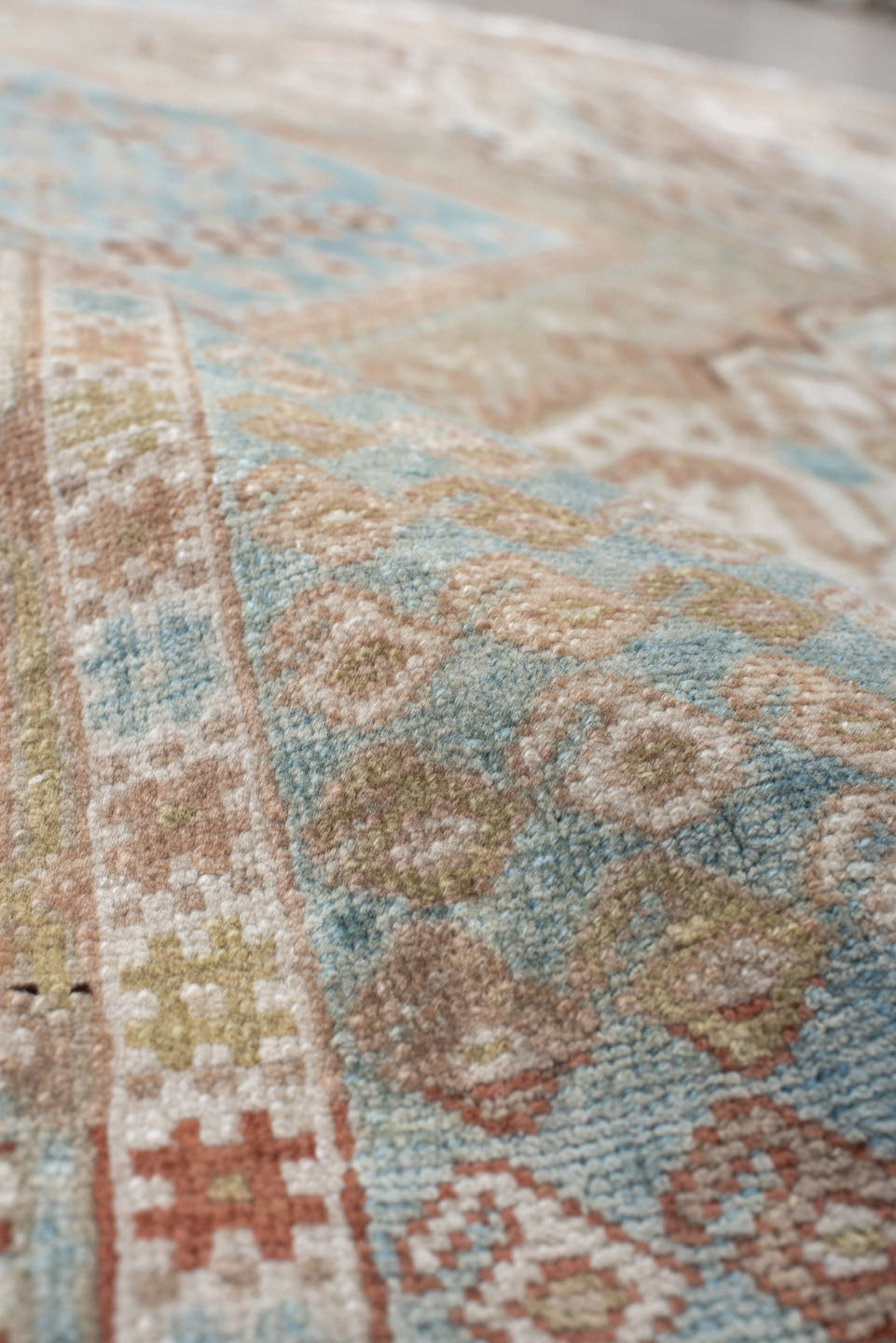 5' x 6' one-of-a-kind handmade antique Afshar rug. Color palette: sky blue, ivory, rust, blush, taupe, camel, brown