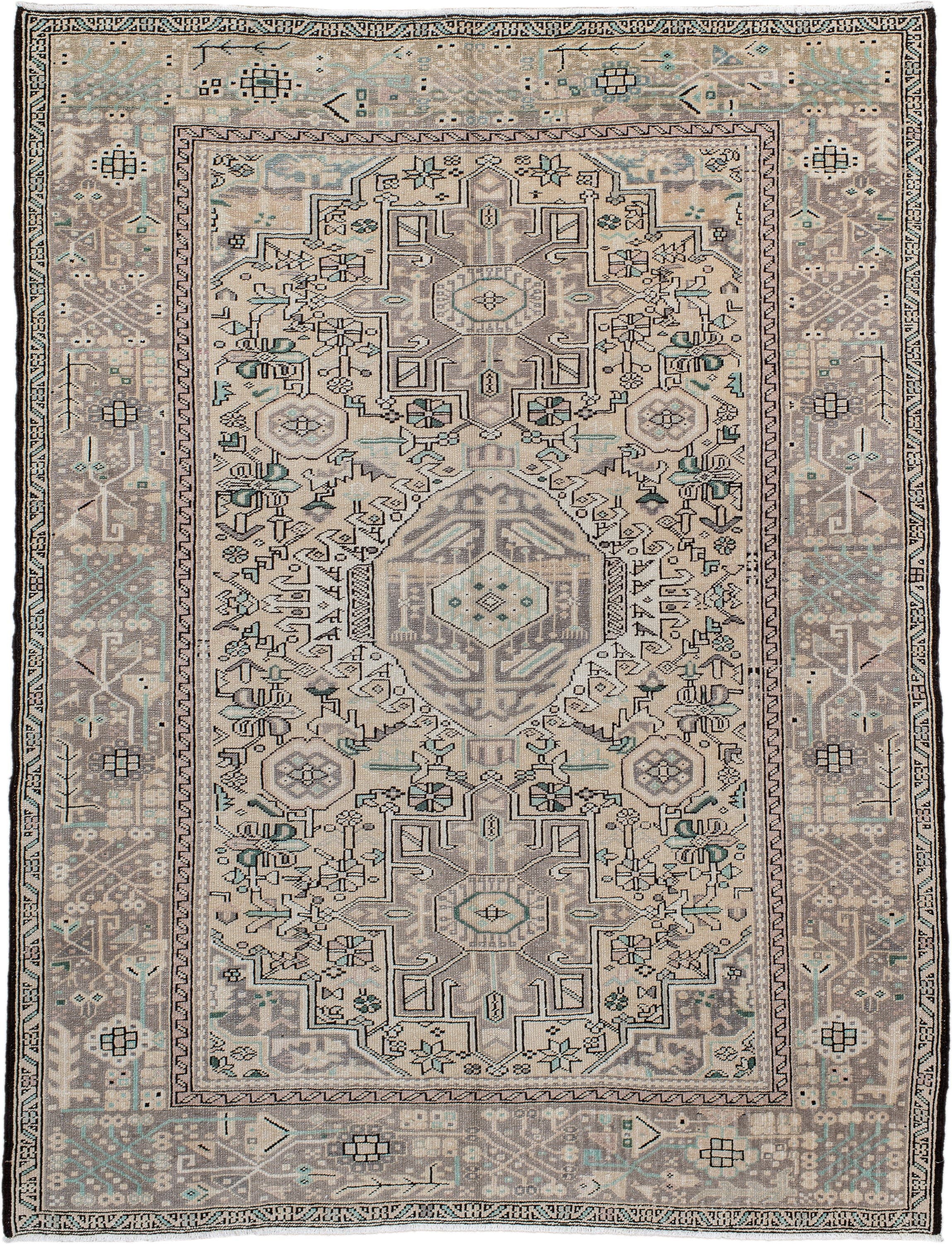 5' x 6' one-of-a-kind handmade vintage Karaje rug. Color palette: ivory, taupe, charcoal, aqua, gray, cream, beige, black