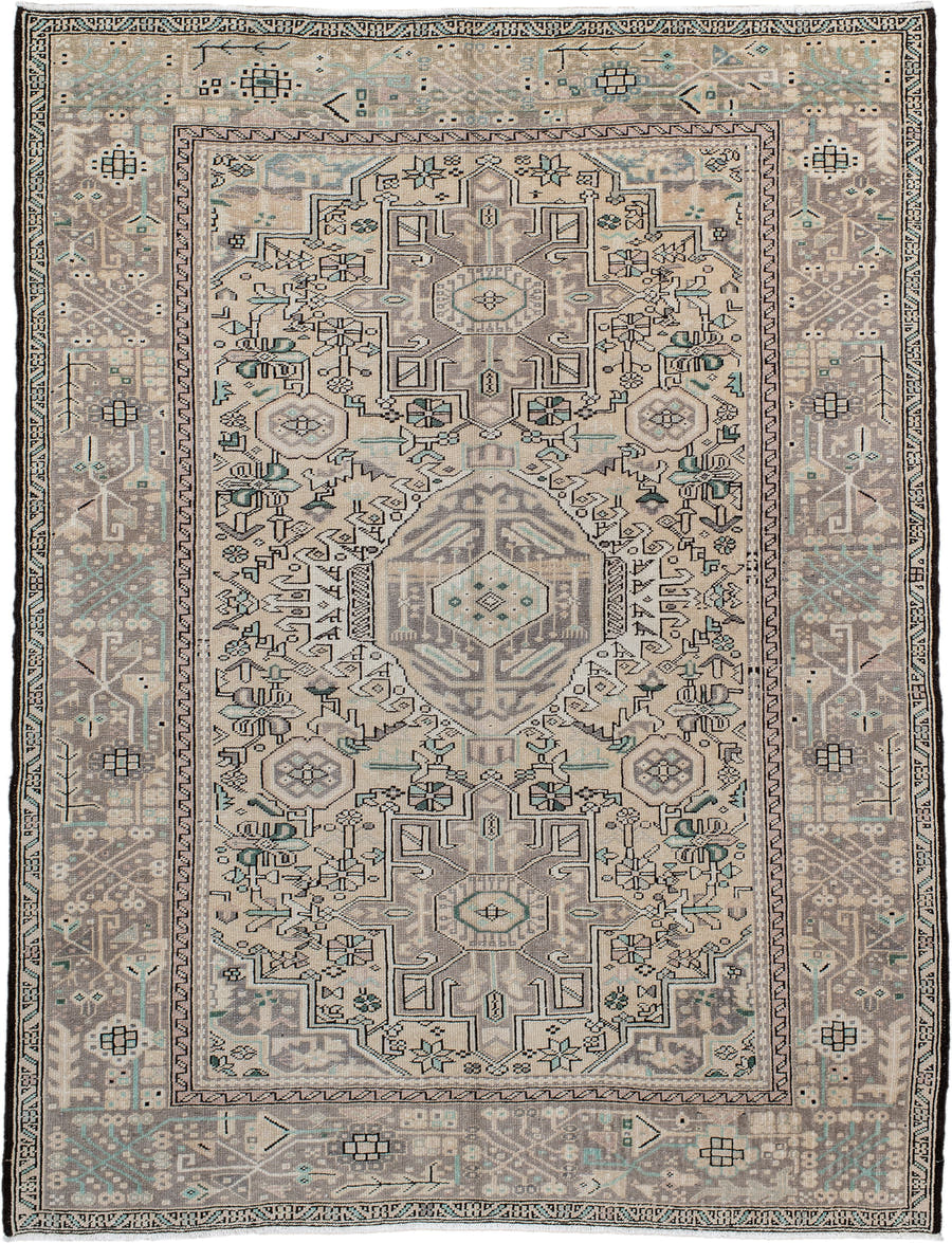 5' x 6' one-of-a-kind handmade vintage Karaje rug. Color palette: ivory, taupe, charcoal, aqua, gray, cream, beige, black