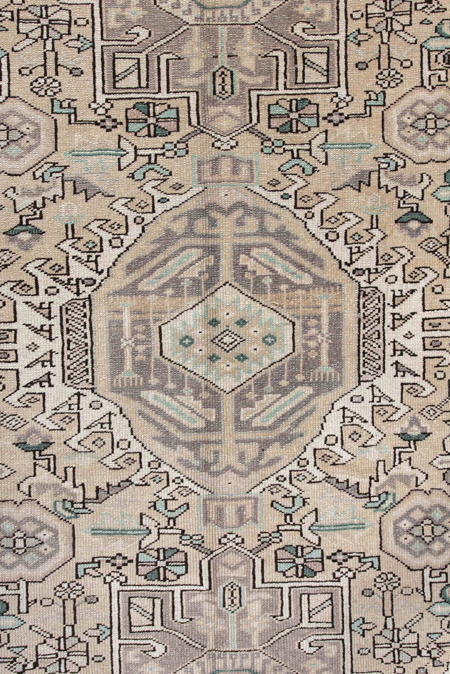 5' x 6' one-of-a-kind handmade vintage Karaje rug. Color palette: ivory, taupe, charcoal, aqua, gray, cream, beige, black