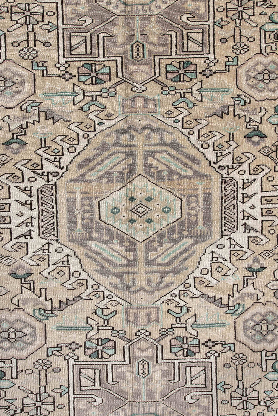5' x 6' one-of-a-kind handmade vintage Karaje rug. Color palette: ivory, taupe, charcoal, aqua, gray, cream, beige, black