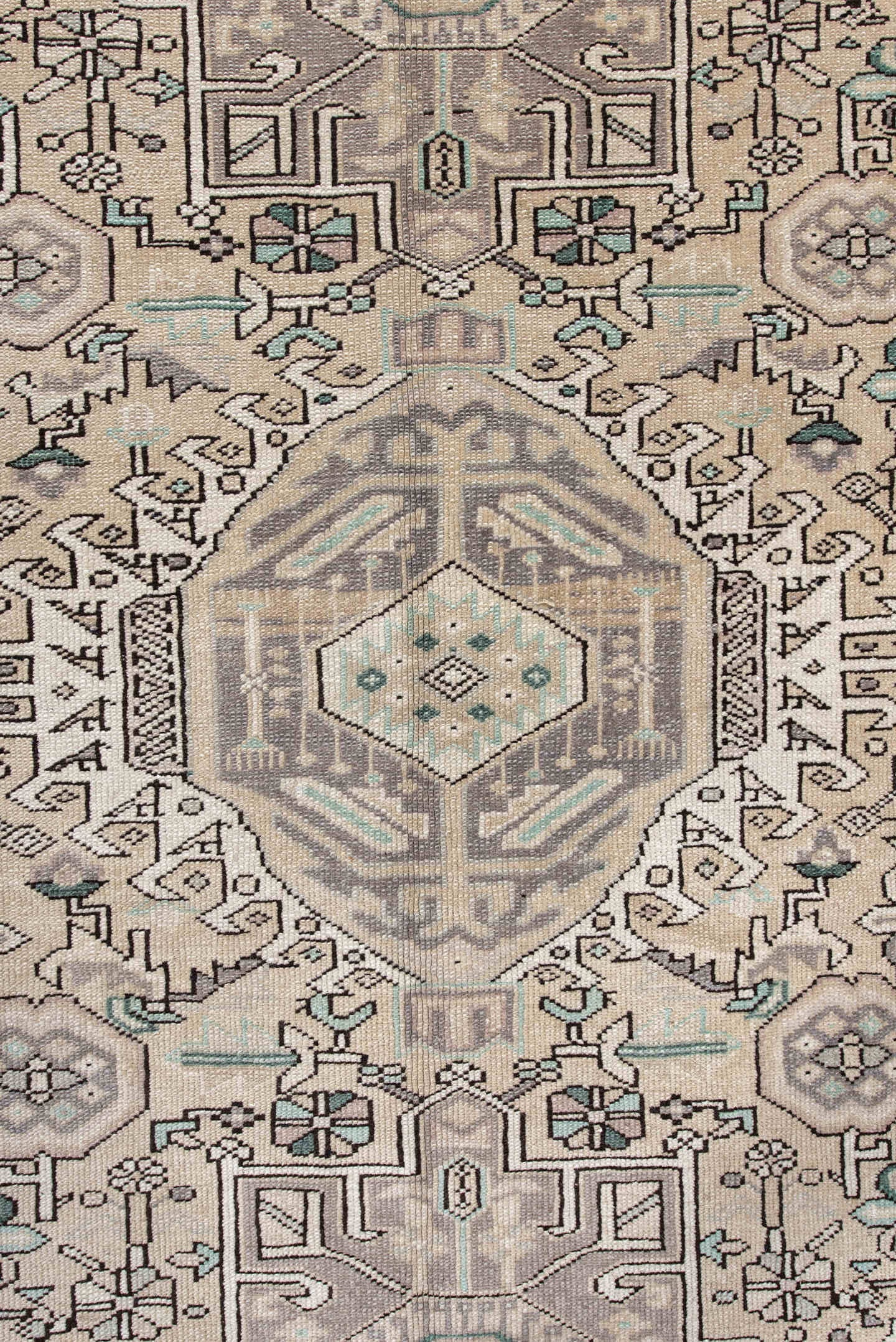 5' x 6' one-of-a-kind handmade vintage Karaje rug. Color palette: ivory, taupe, charcoal, aqua, gray, cream, beige, black