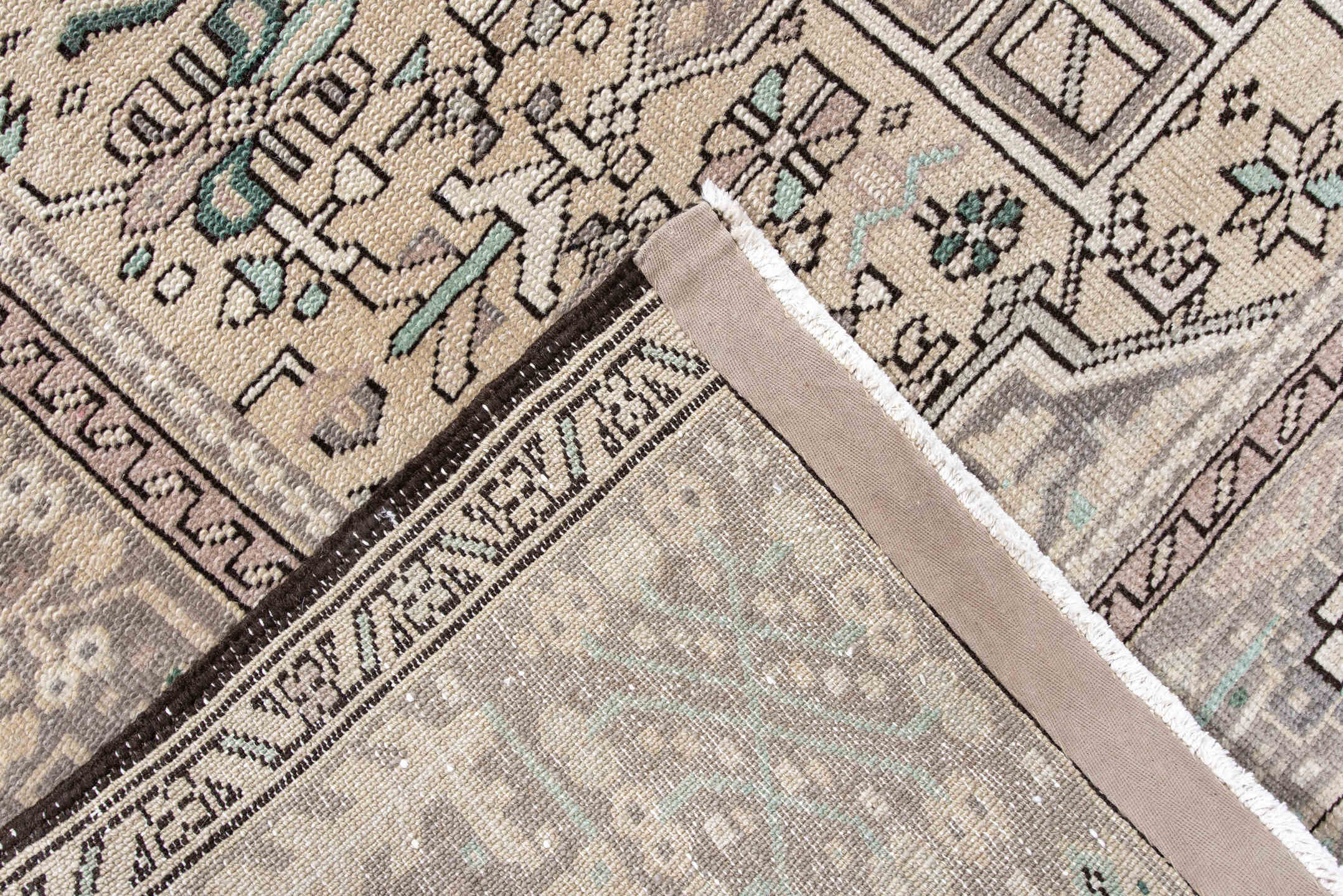 5' x 6' one-of-a-kind handmade vintage Karaje rug. Color palette: ivory, taupe, charcoal, aqua, gray, cream, beige, black