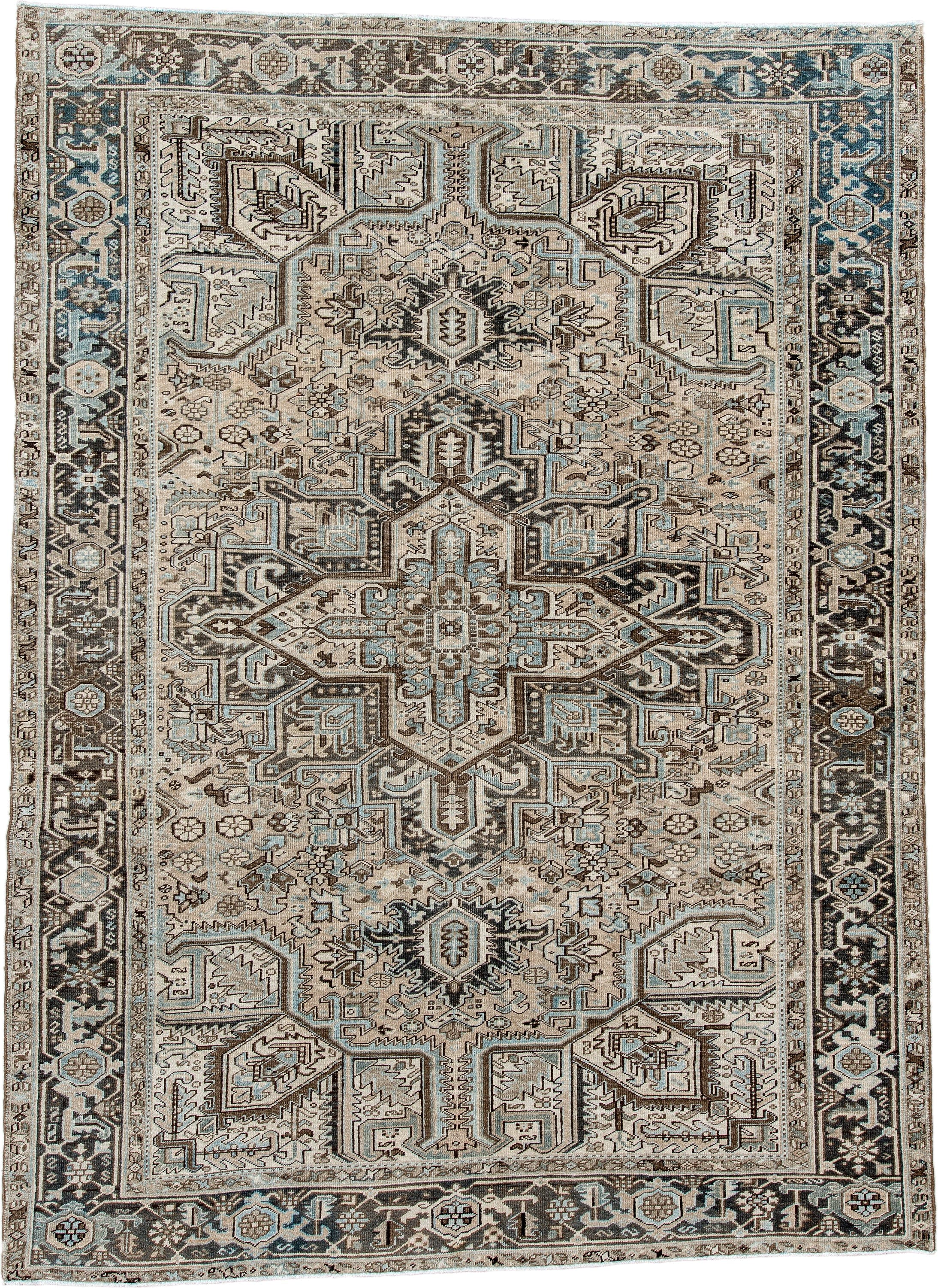 8' x 11' one-of-a-kind handmade antique Heriz large size rug. Color palette: ivory, taupe, charcoal, sky_blue, slate, camel