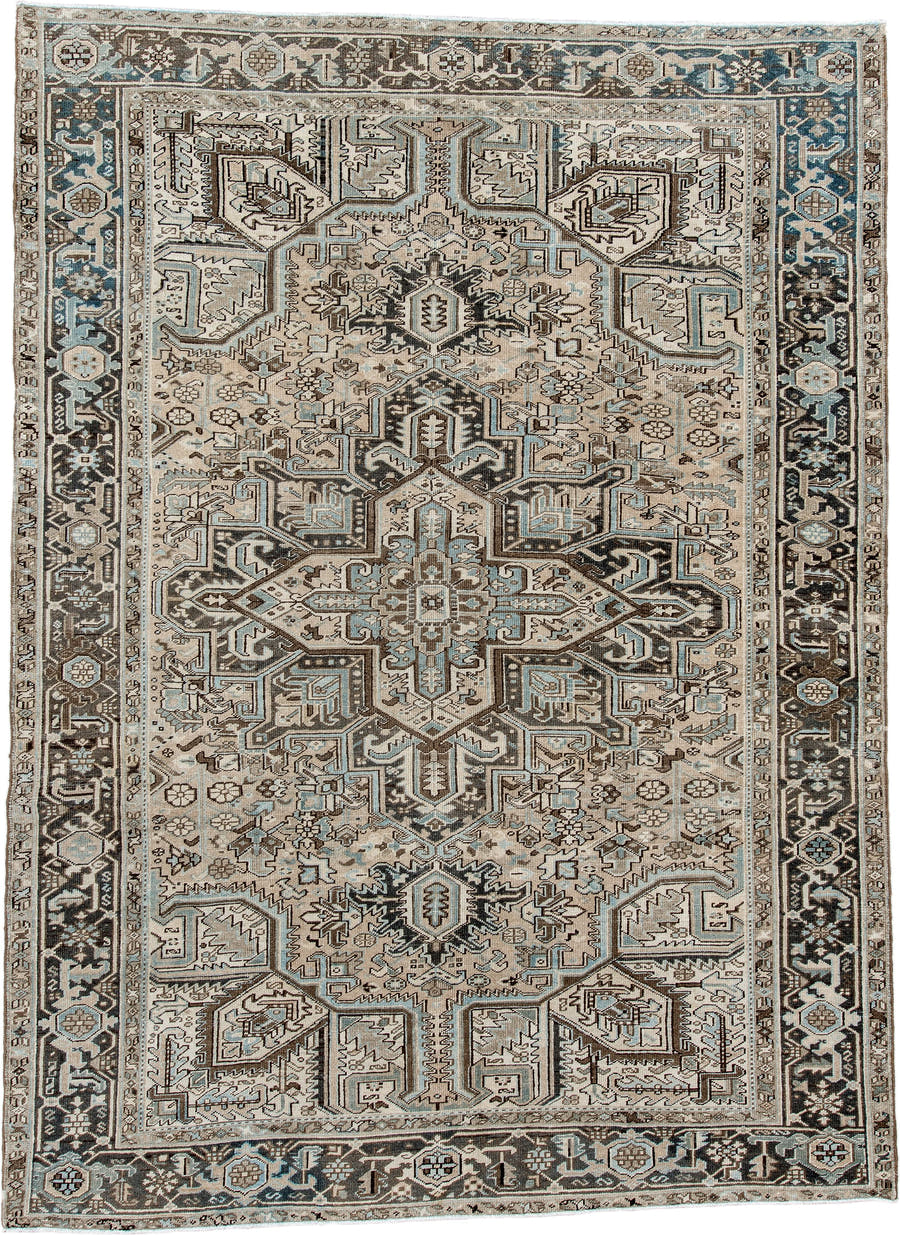 8' x 11' one-of-a-kind handmade antique Heriz large size rug. Color palette: ivory, taupe, charcoal, sky_blue, slate, camel