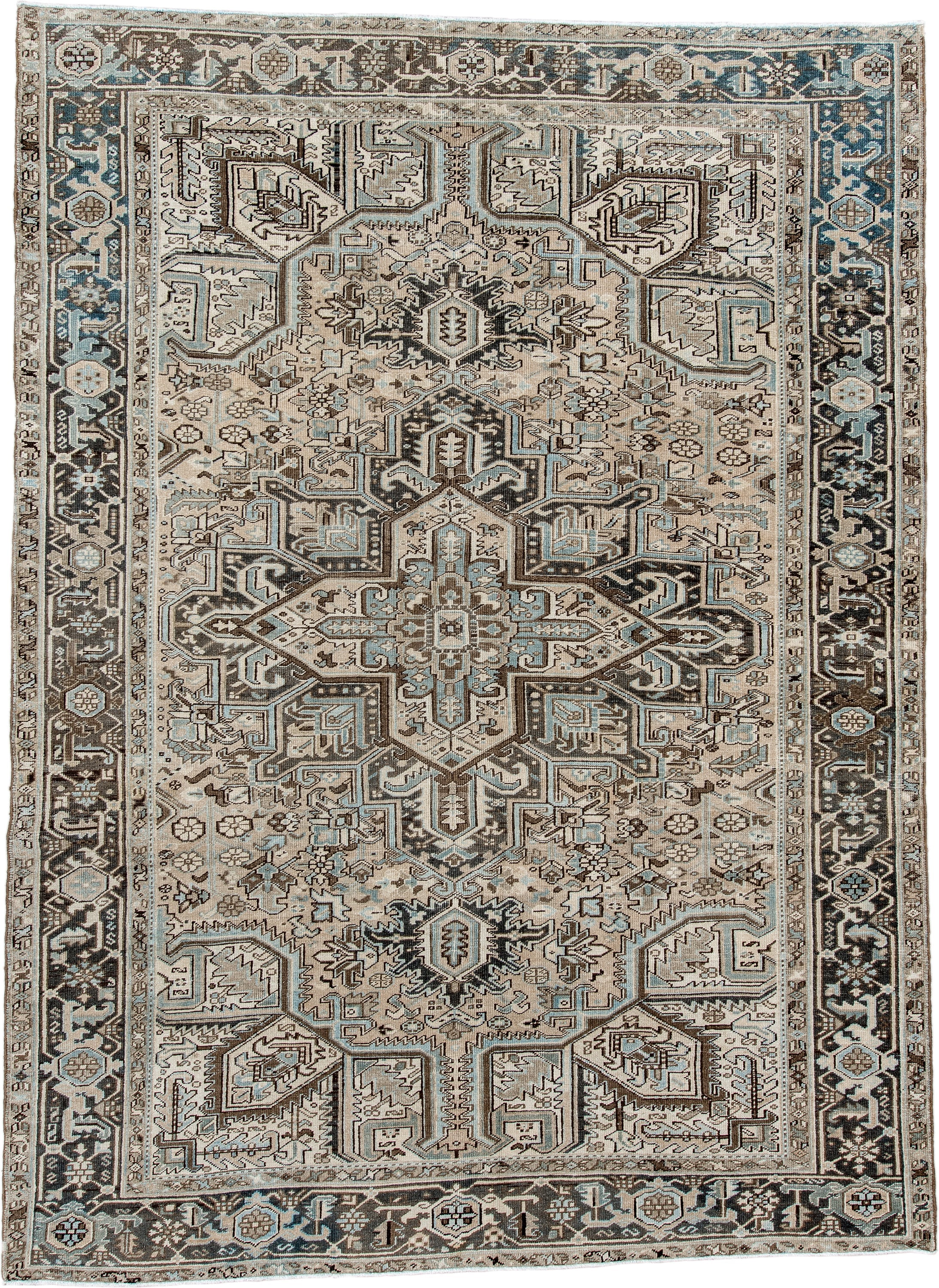 8' x 11' one-of-a-kind handmade antique Heriz large size rug. Color palette: ivory, taupe, charcoal, sky_blue, slate, camel