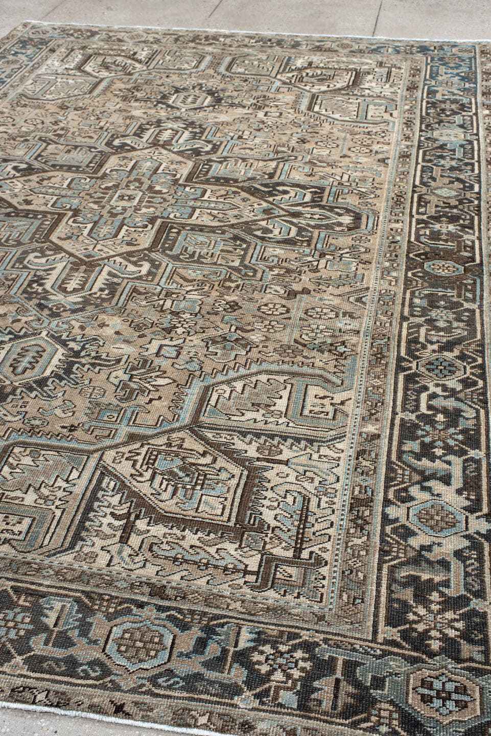 8' x 11' one-of-a-kind handmade antique Heriz large size rug. Color palette: ivory, taupe, charcoal, sky_blue, slate, camel