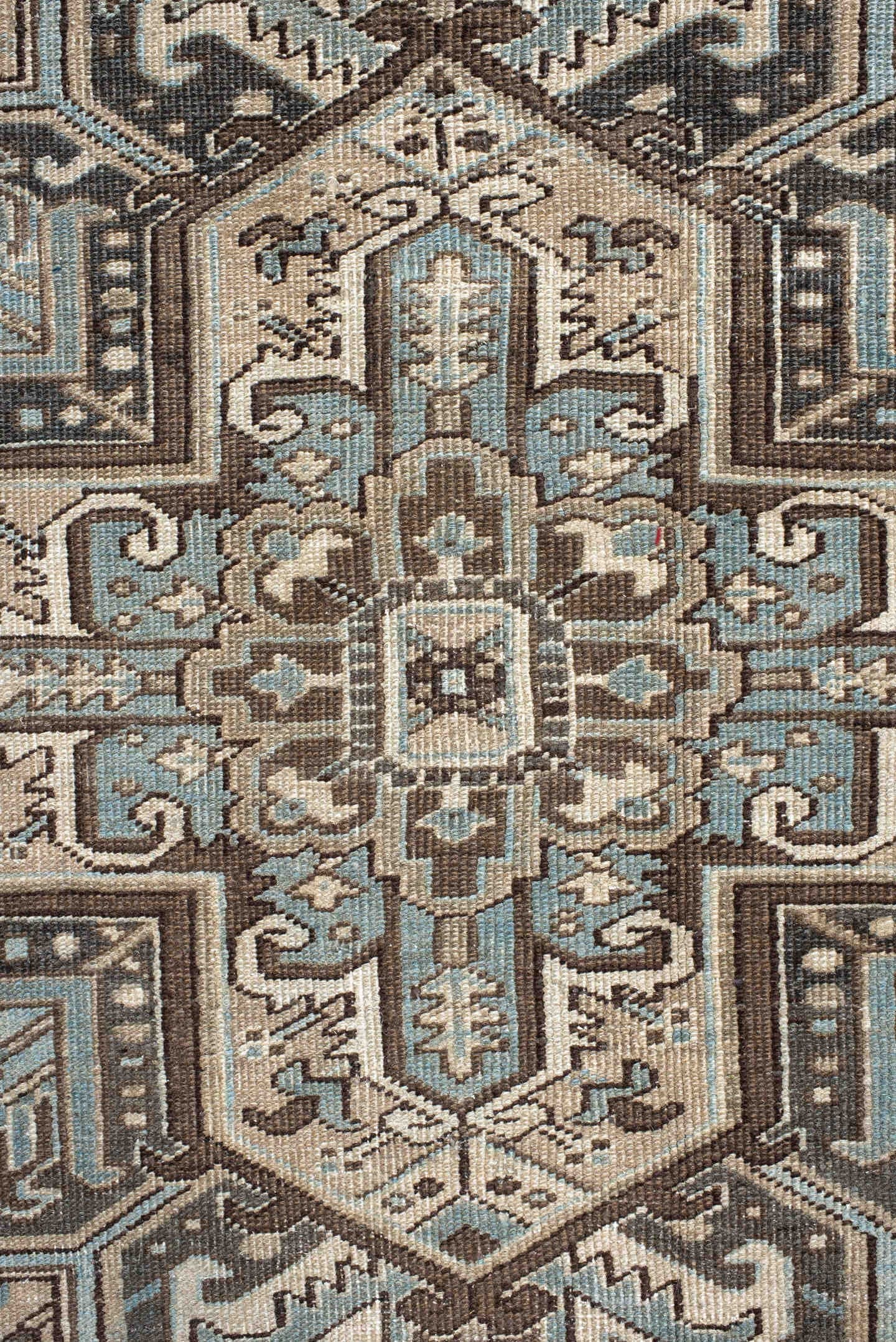 8' x 11' one-of-a-kind handmade antique Heriz large size rug. Color palette: ivory, taupe, charcoal, sky_blue, slate, camel