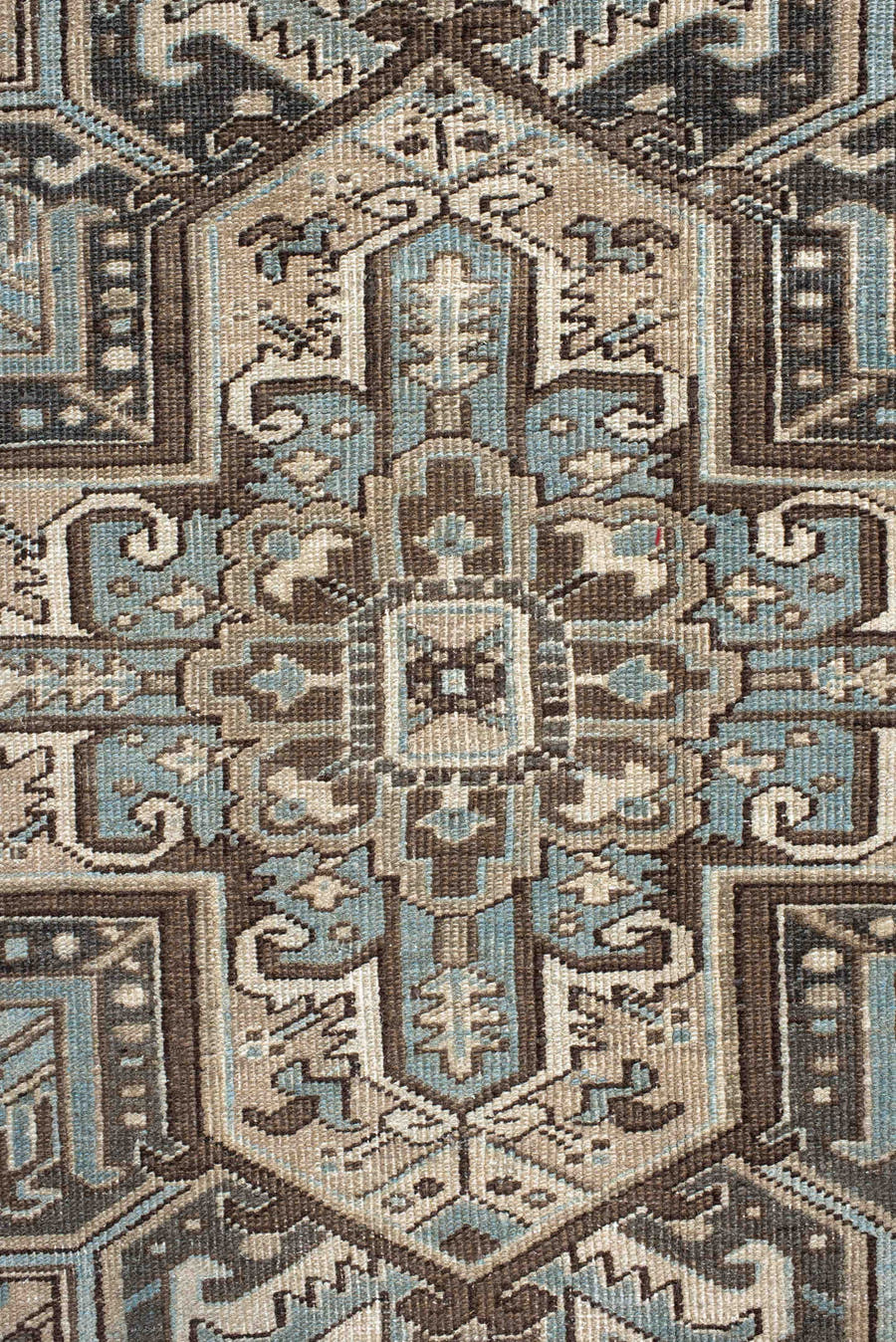 8' x 11' one-of-a-kind handmade antique Heriz large size rug. Color palette: ivory, taupe, charcoal, sky_blue, slate, camel