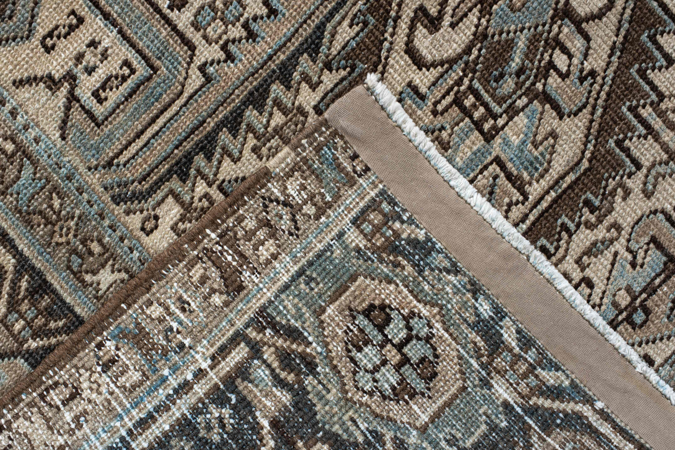 8' x 11' one-of-a-kind handmade vintage Heriz large size rug. Color palette: black, blue, brown, charcoal, dark gray, gray