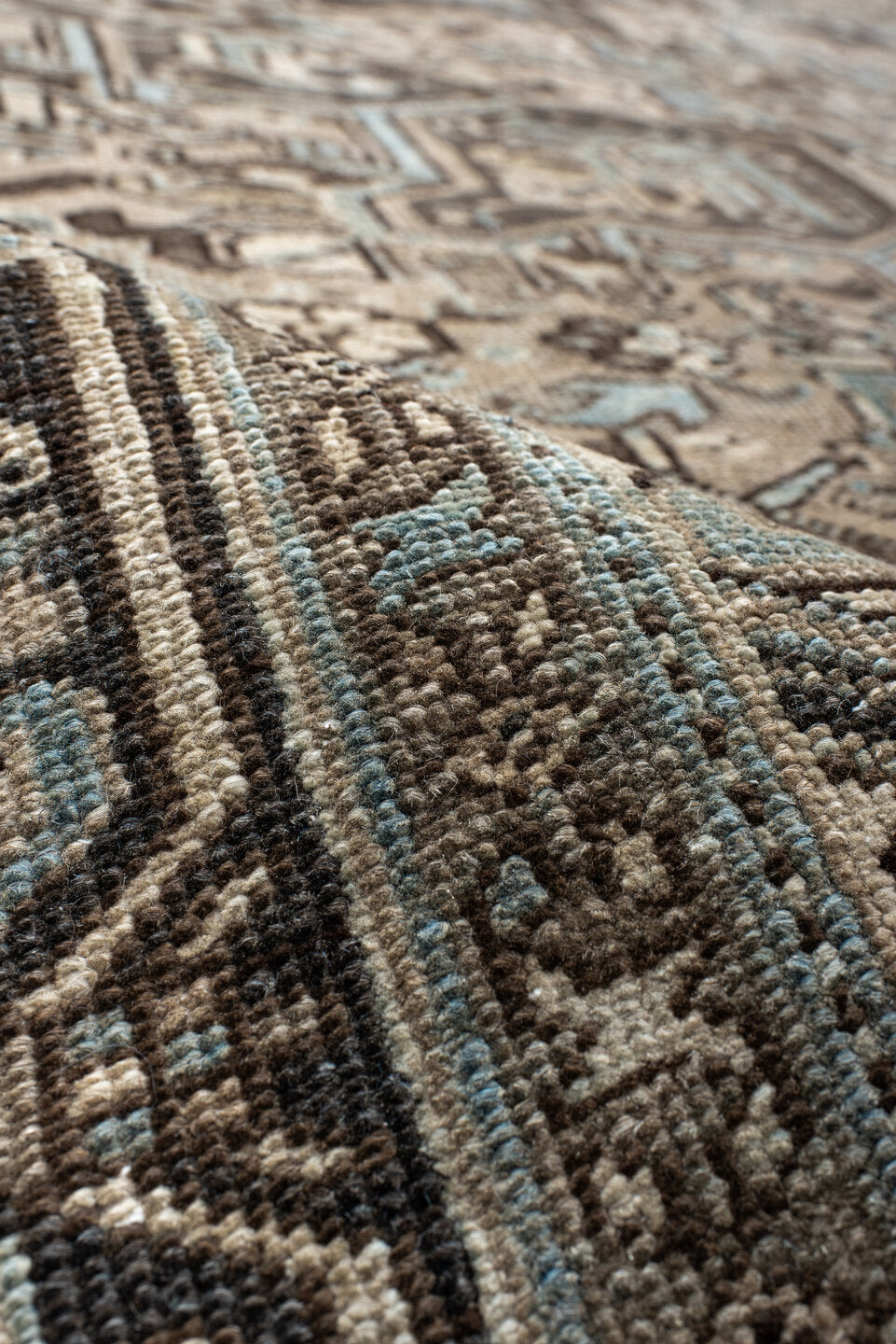 8' x 11' one-of-a-kind handmade vintage Heriz large size rug. Color palette: black, blue, brown, charcoal, dark gray, gray