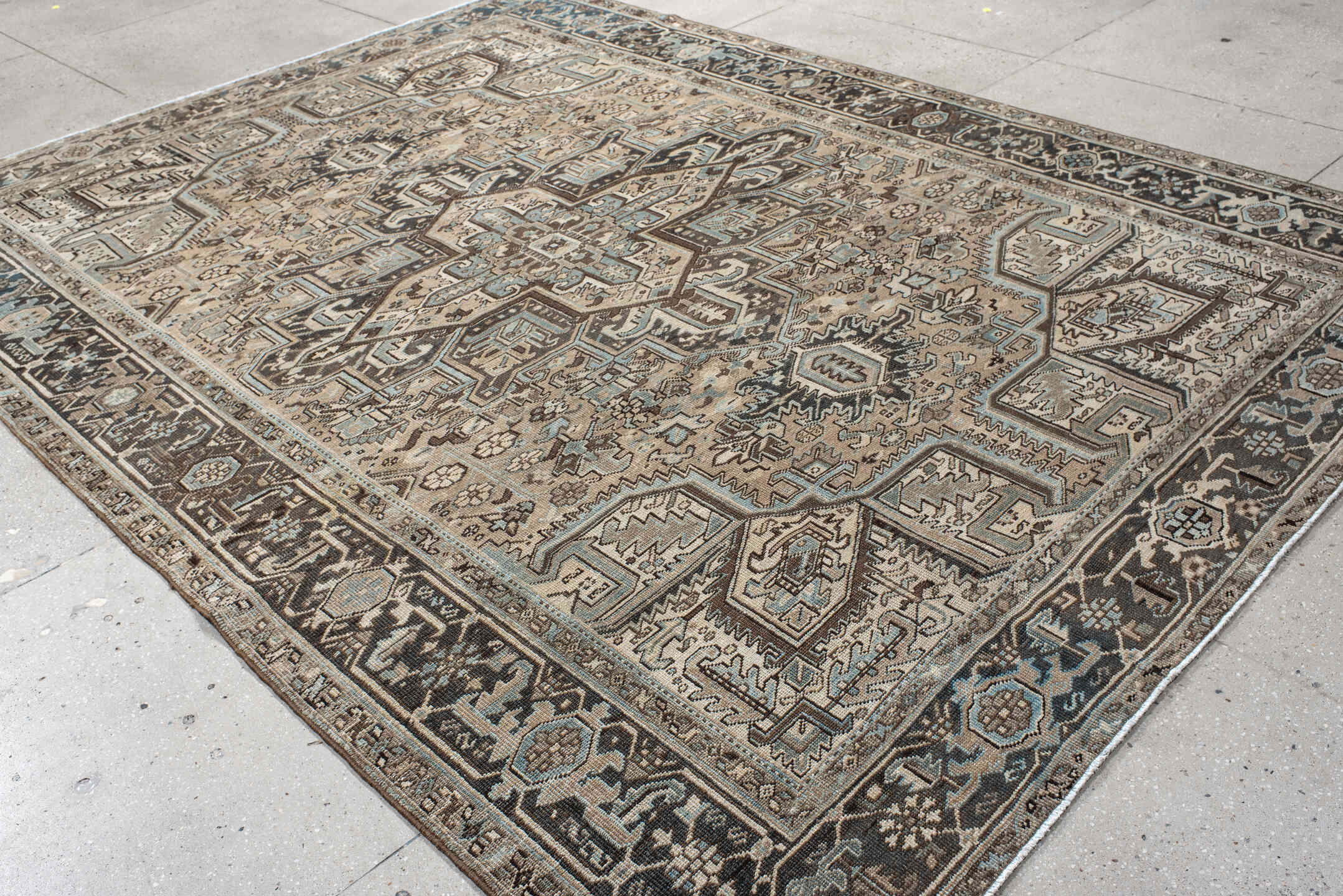 8' x 11' one-of-a-kind handmade antique Heriz large size rug. Color palette: ivory, taupe, charcoal, sky_blue, slate, camel