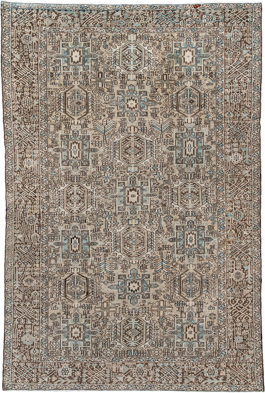 7' x 11' one-of-a-kind handmade antique Karaje large size rug. Color palette: ivory, brown, sky blue, taupe, camel