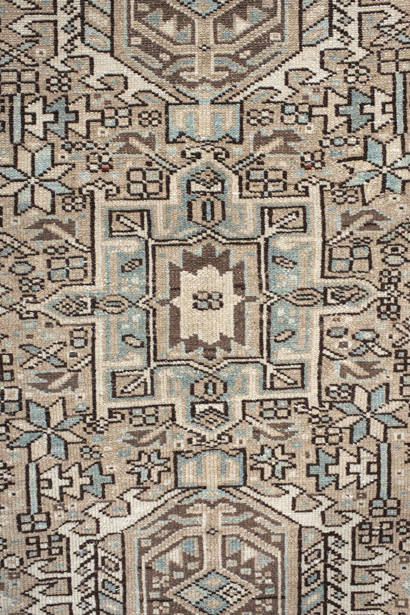 7' x 11' one-of-a-kind handmade antique Karaje large size rug. Color palette: ivory, brown, sky blue, taupe, camel